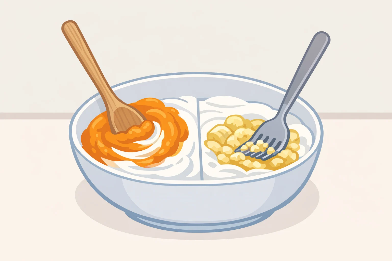 A bowl of creamy vanilla Greek yogurt topped with mashed banana and stirred pumpkin purée to illustrate healthy food hacks to add more nutrients to meals