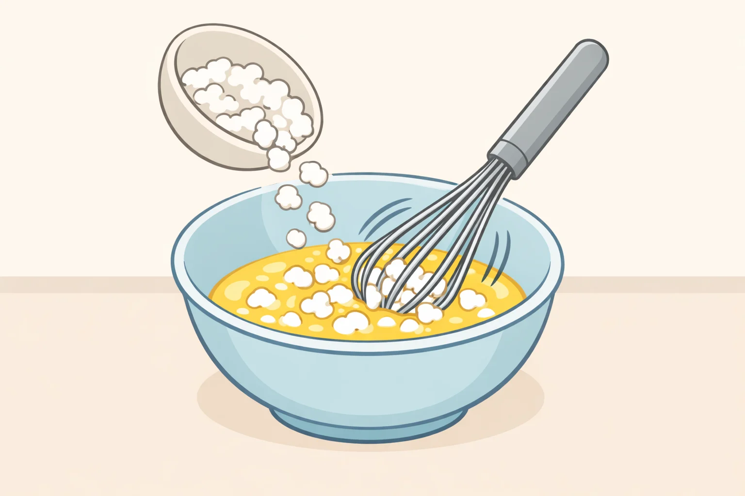 A kitchen scene showing low-fat cottage cheese being whisked into beaten eggs, creating creamier, higher-protein scrambled eggs