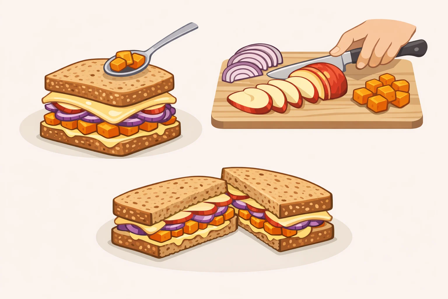 A plated close-up of a stuffed grilled cheese built with whole-grain bread, roasted butternut squash, red onion, and thin apple slices before grilling
