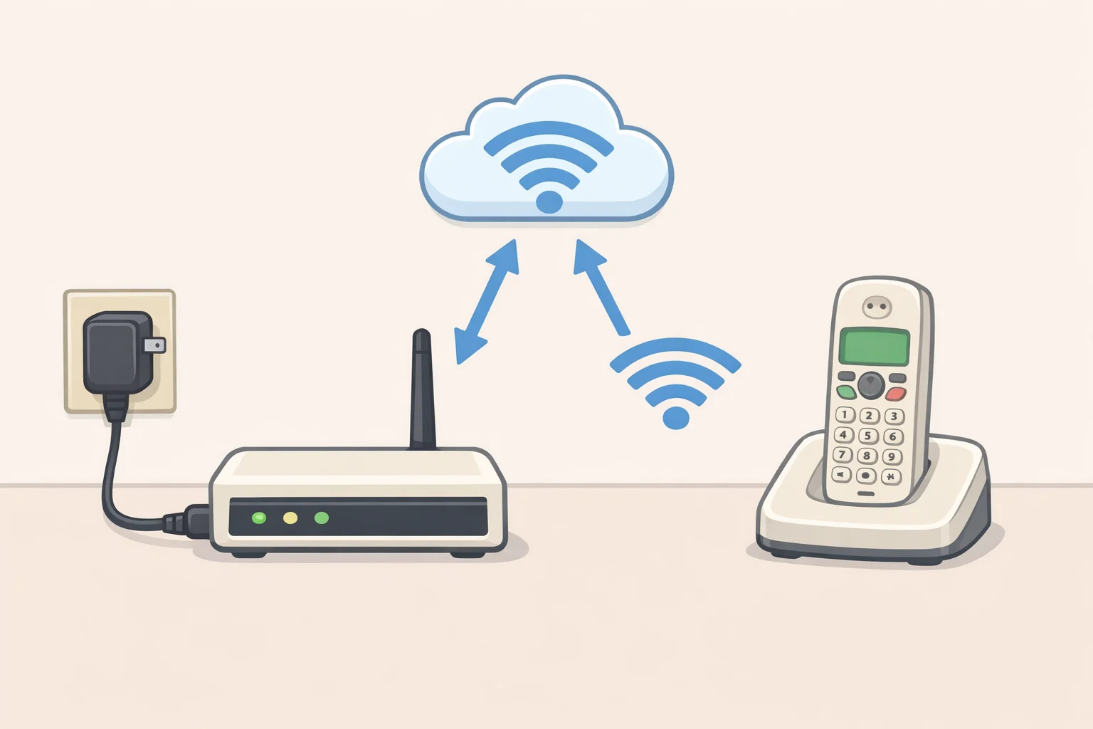 Pinwheel Home phone for kids illustration showing the retro handset connected via a Wi‑Fi hub to a home router, with voice calling only and no screen