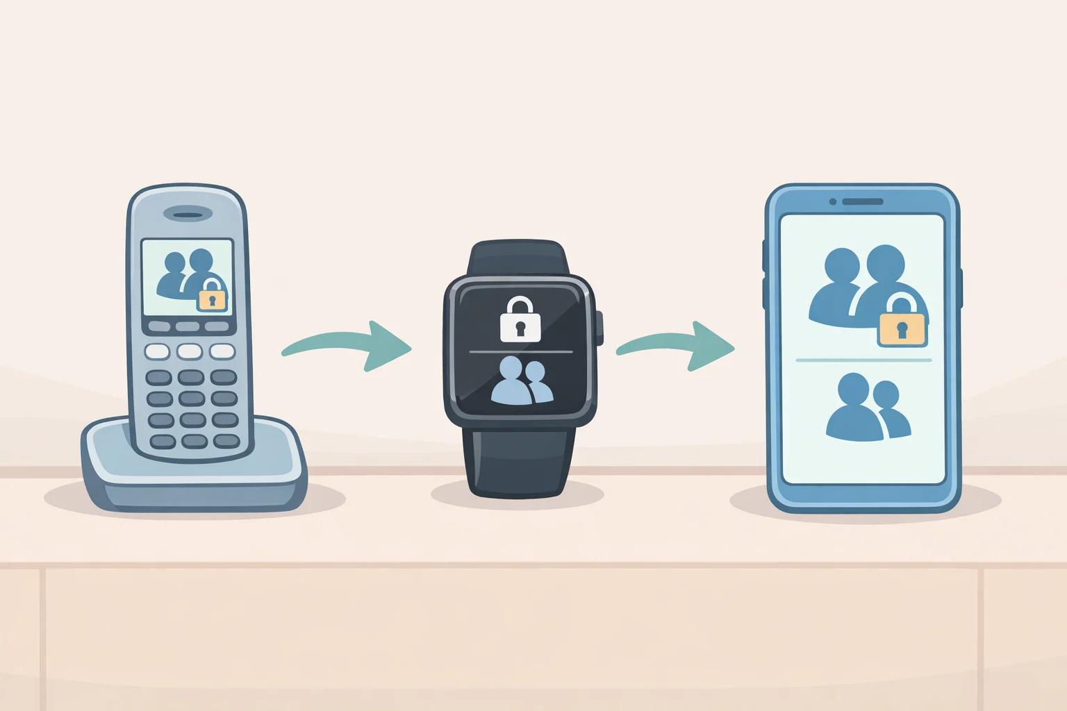 Illustration of the Pinwheel ecosystem showing a child’s approved contacts and settings moving from the Home phone to a Watch and then a smartphone through the shared caregiver login