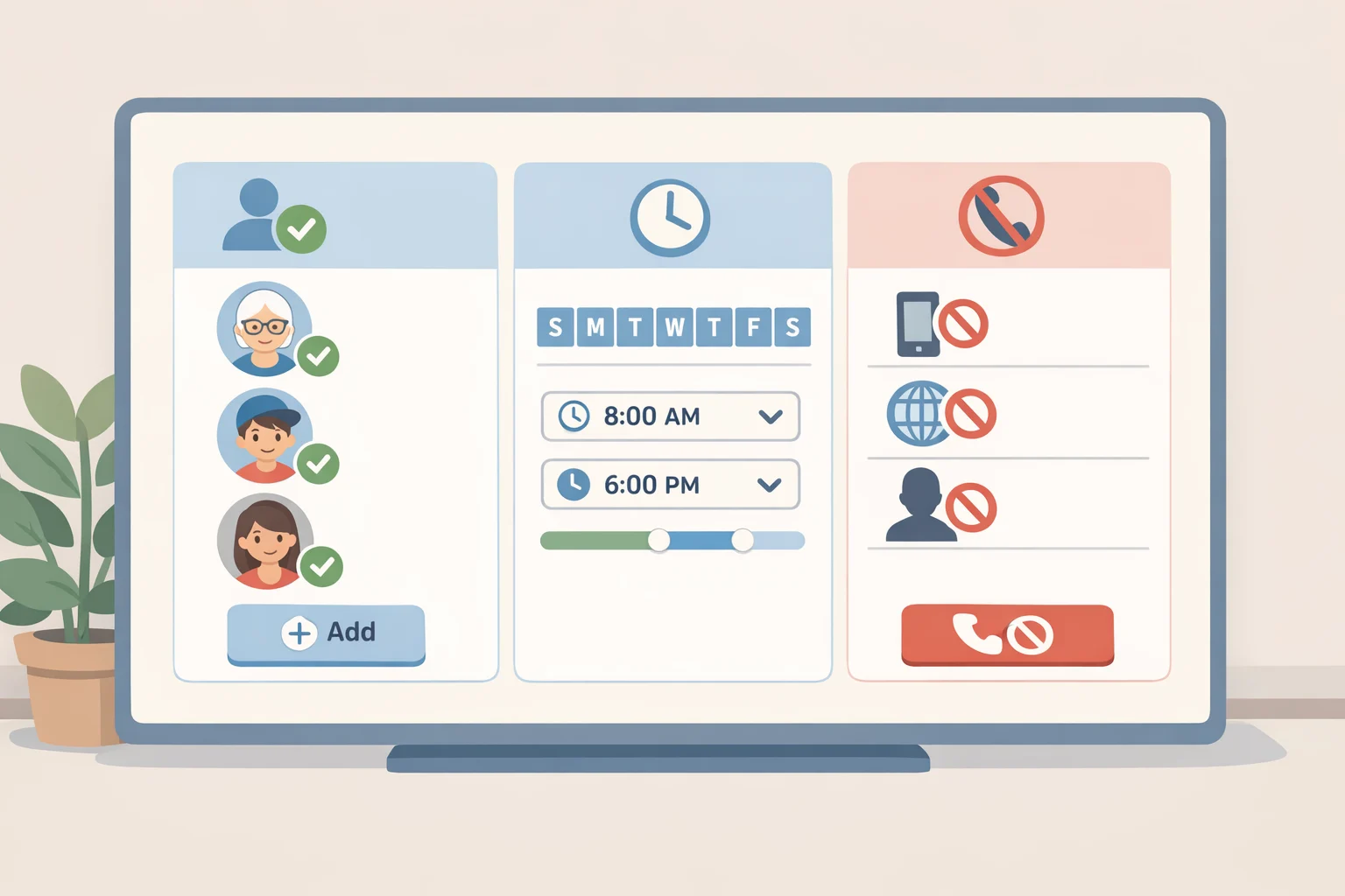 Illustration of the Pinwheel caregiver portal interface where a parent approves contacts, sets calling time limits, and blocks robocalls for a kids landline