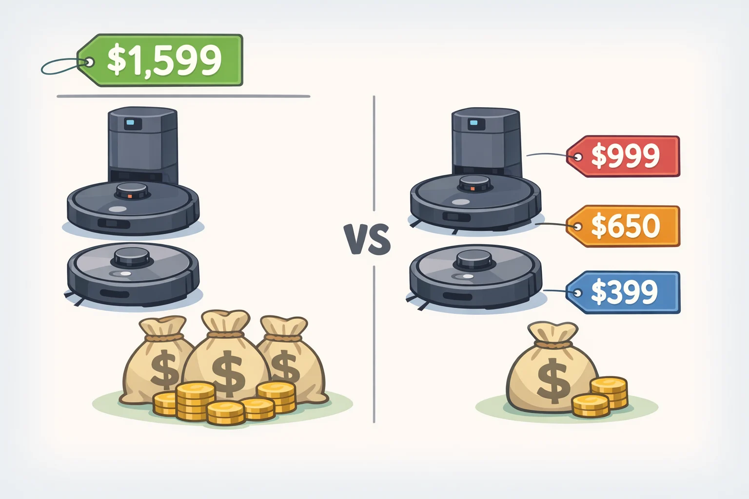 Chart-style illustration showing the Roborock robot vacuum sale value math—Z70 discounted to around $1,599 versus full $2,599 pricing compared with the Saros 10R