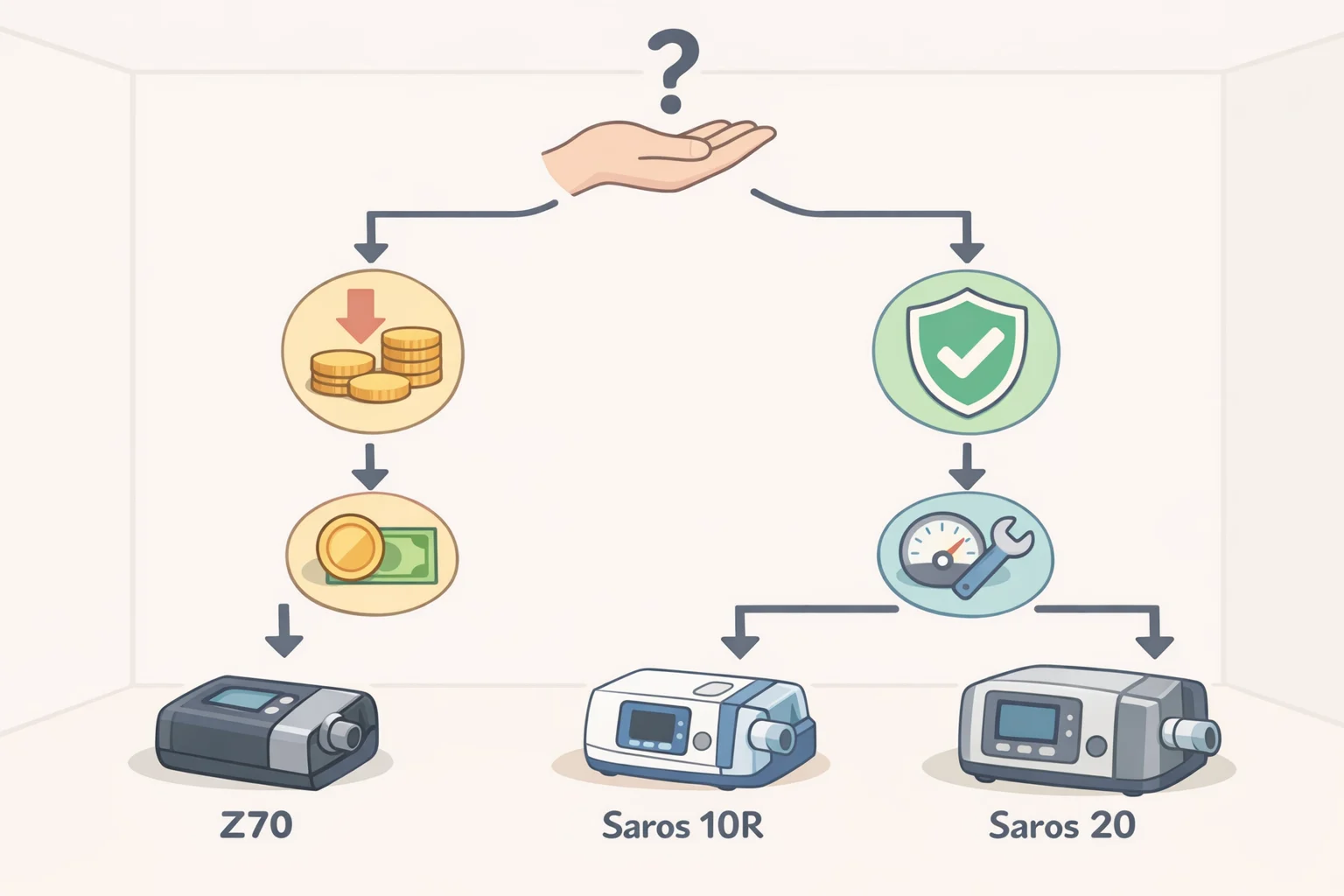Decision-tree illustration recommending Z70 only when discounted near $1,599, otherwise choosing Saros 10R for the same floor cleaning or Saros 20 for maximum obstacle and edge cleaning