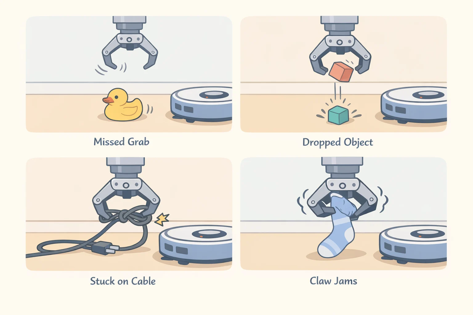 Illustration of the OmniGrip arm failing to sort—attempting a pickup around footwear and then reporting 'Sorting failed'—to reflect testing results
