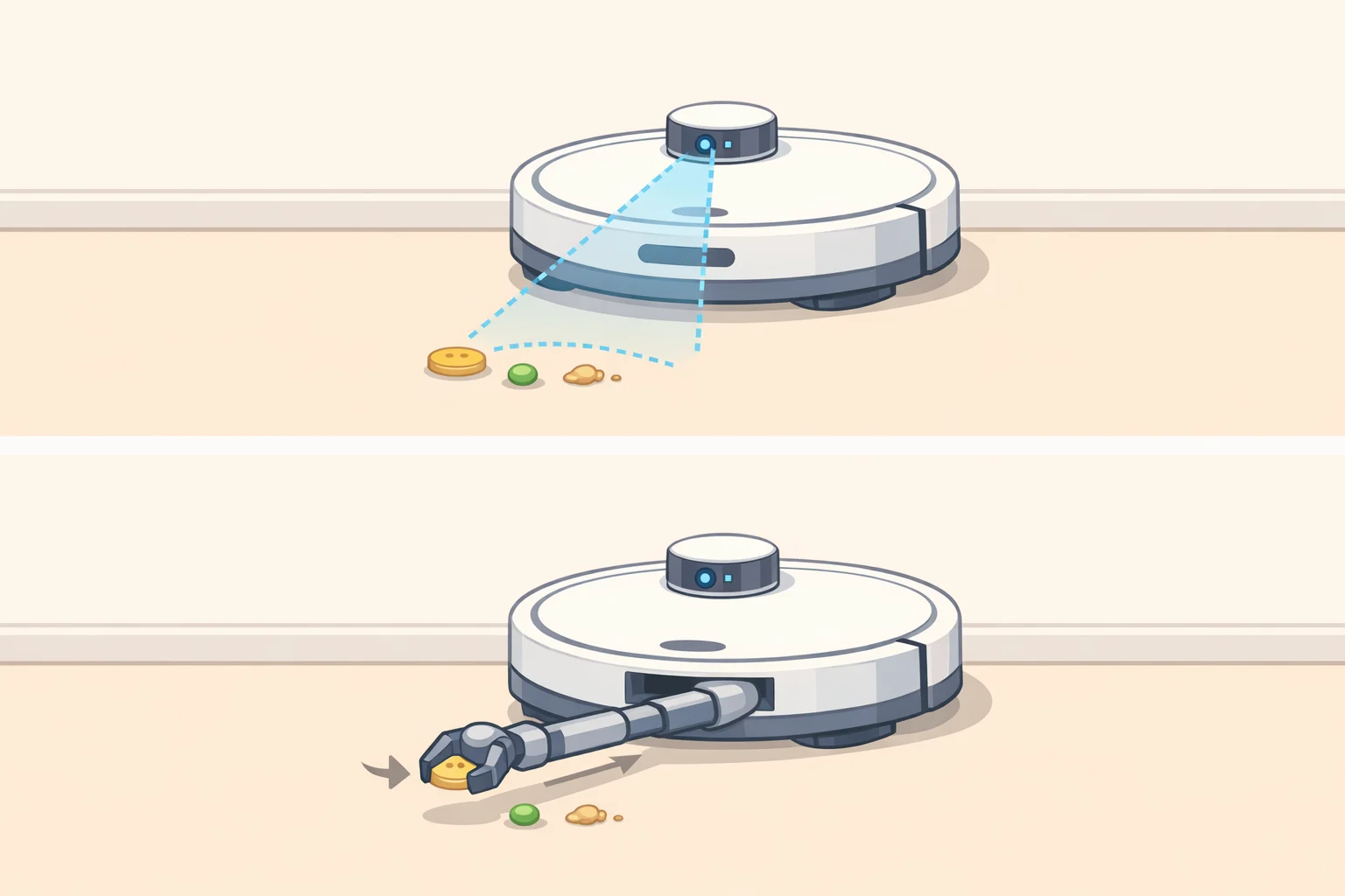 Diagram-style illustration of the Roborock Saros Z70 OmniGrip arm using a gripper camera to detect and retrieve socks, tissues, and slippers on a hard floor