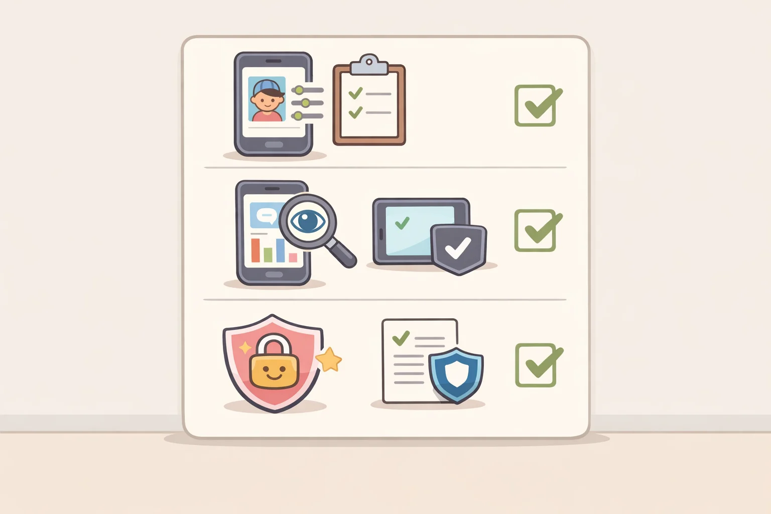 A parent-friendly checklist card prompting evaluation of whether a child-safe phone adjusts controls by age, provides transparent monitoring, and complies with updated COPPA data rules