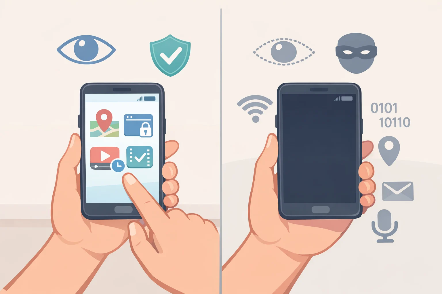 Illustration comparing a transparent parental control app that shows notifications and a privacy policy with covert tracking behavior, highlighting risks in safer phones for kids