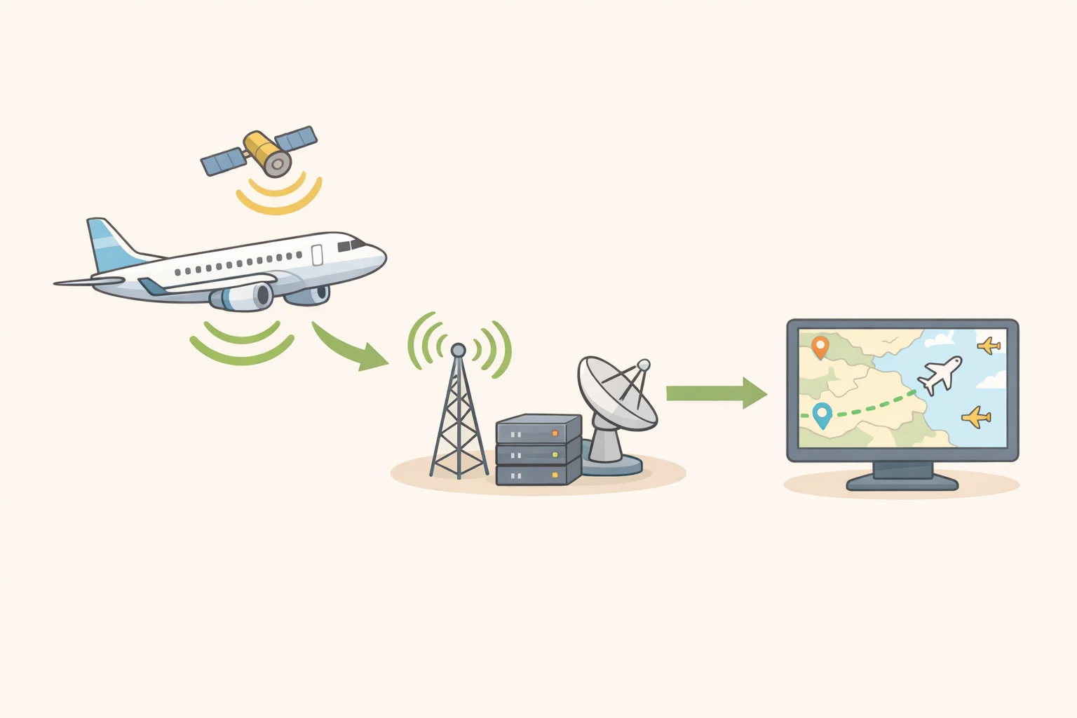 Diagram of ADS-B Out broadcasting aircraft GPS position to ground receivers, which feed a flight tracking map in near real time