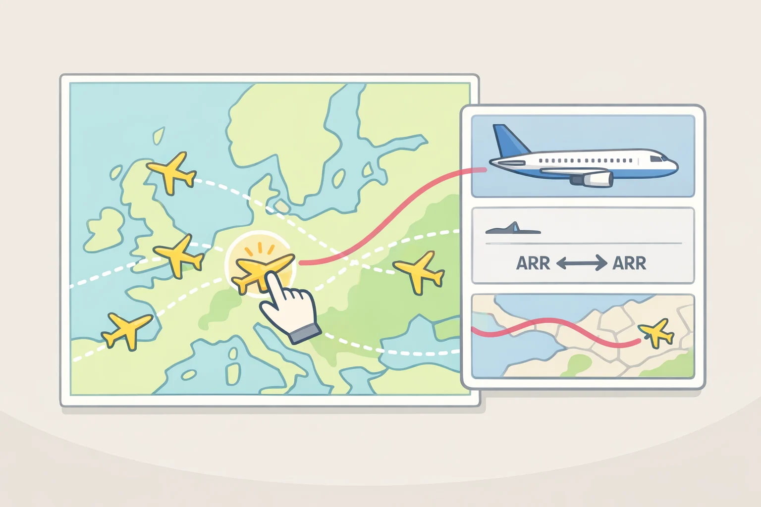 Screenshot-style illustration of a Flightradar24 live flight map with aircraft icons and a detail panel showing registration, origin, destination, and recent track