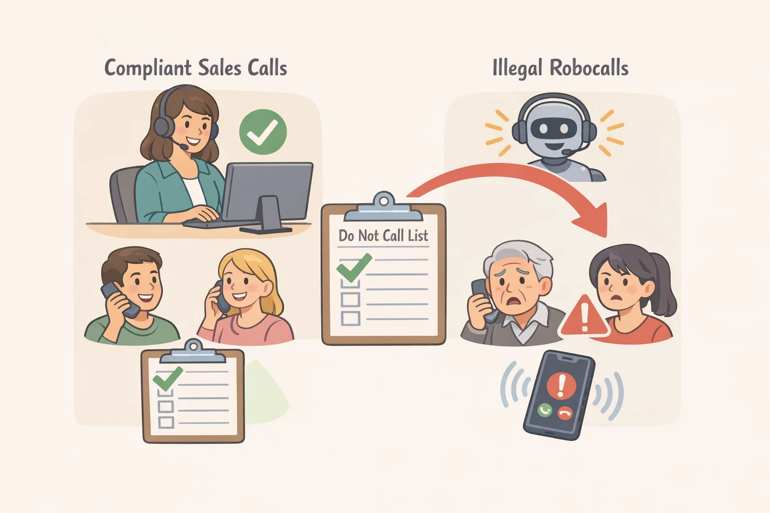Illustration of a Do Not Call registry list that legitimate callers check, while illegal robocallers bypass it, leaving you wondering how to stop spam calls