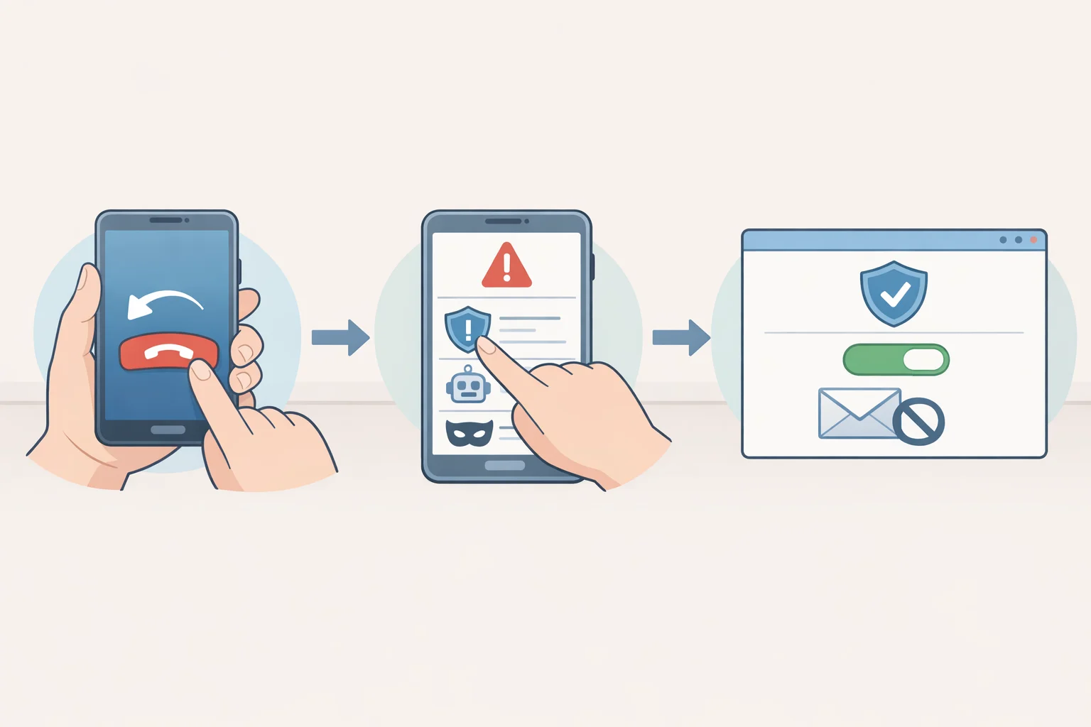 Step-by-step image showing a user ending a suspicious call without pressing buttons, submitting a complaint, and turning on carrier spam filtering to reduce robocalls