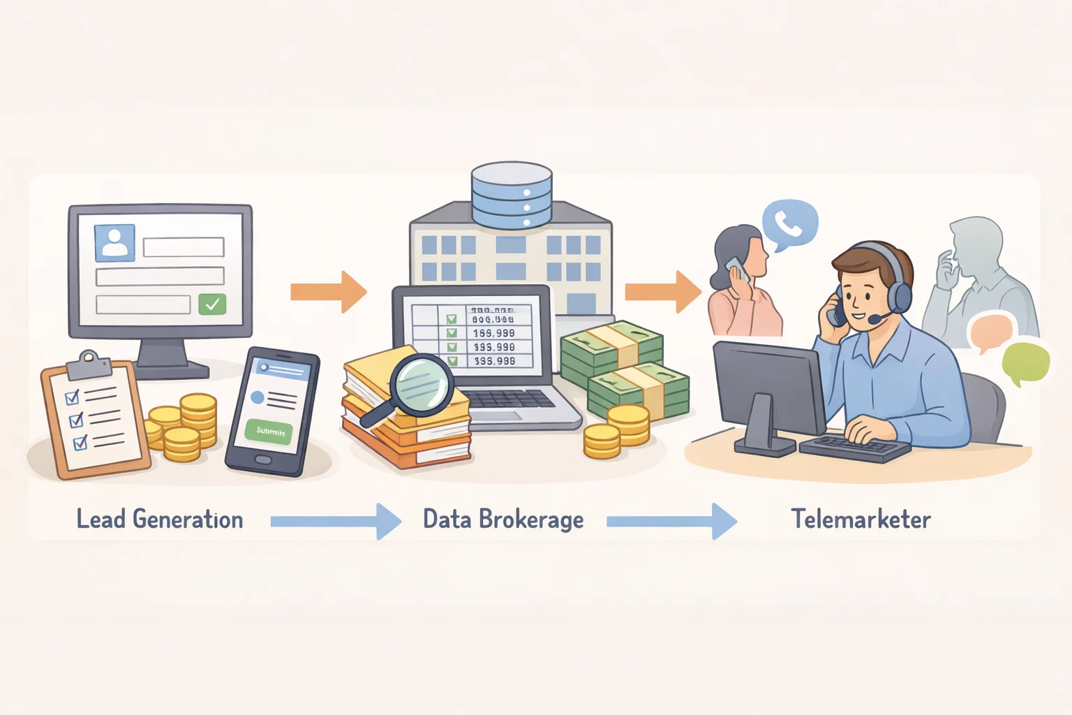 Diagram showing how a coupon or sweepstakes form can send your phone number to data brokers and then to telemarketers, explaining why you keep getting spam calls