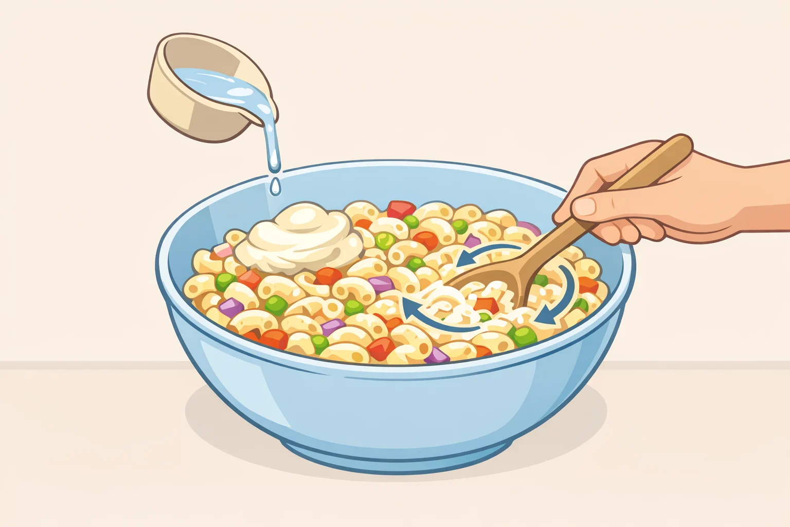 Illustration of a bowl of chilled macaroni salad being loosened and re-creamed by stirring in a reserved spoonful of mayonnaise and a splash of dill pickle brine