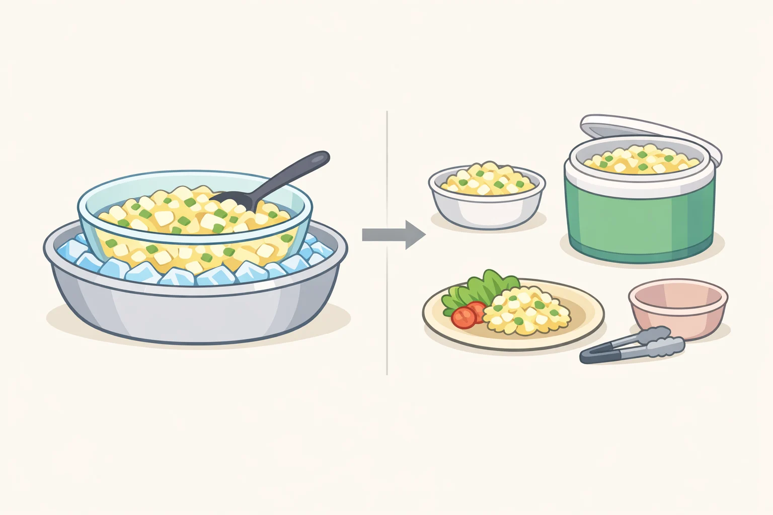 Photo-style illustration of a serving bowl of deviled egg macaroni salad kept on ice at a summer cookout to prevent mayo- and egg-based salad from warming