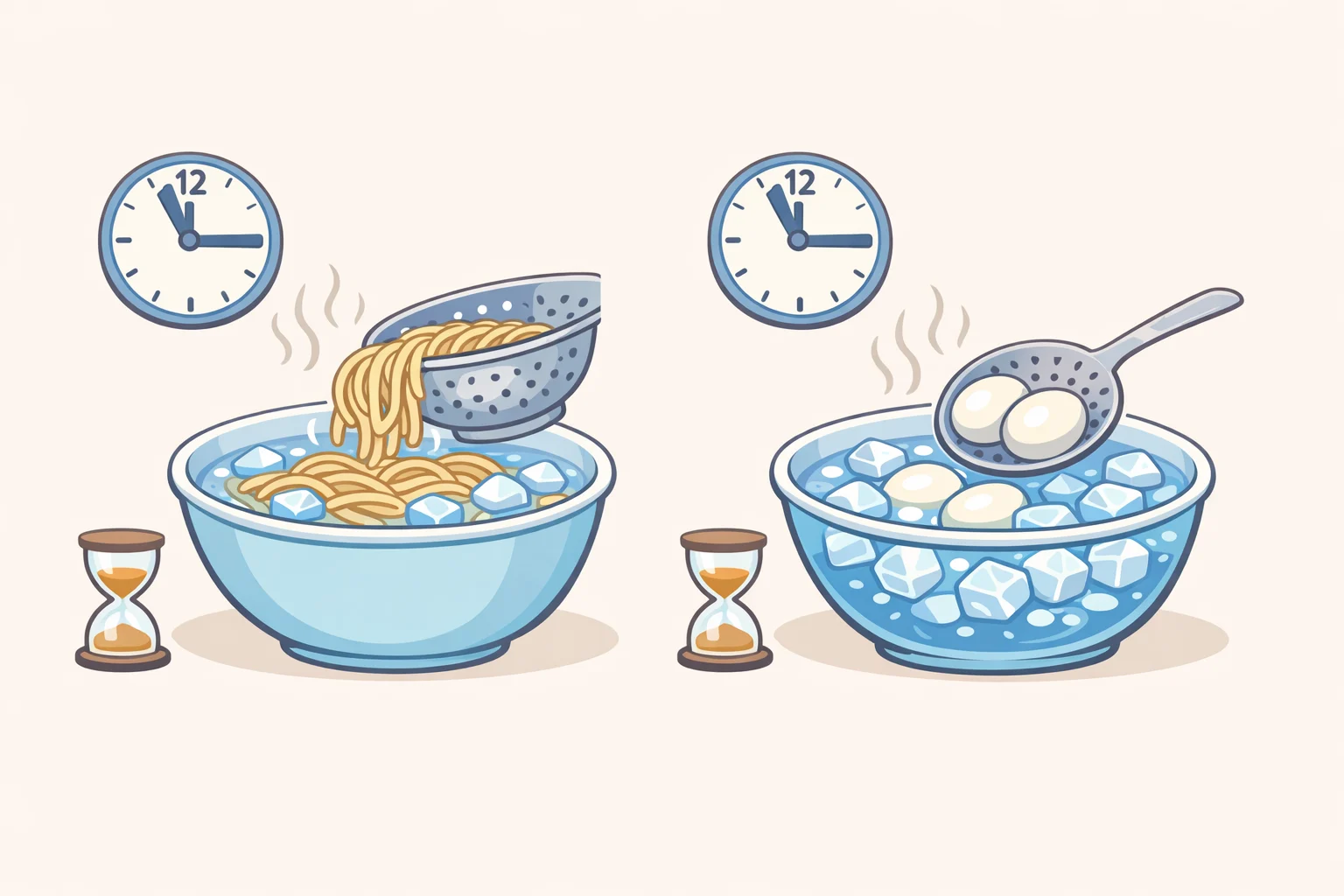 Diagram showing elbow macaroni cooked to al dente, rinsed and drained twice, alongside hard-boiled eggs transferred into an ice bath to stop residual cooking