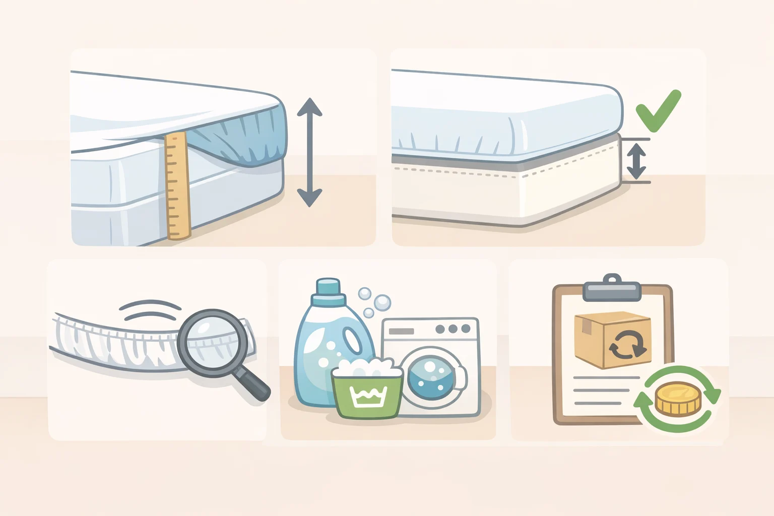 Illustration of a checklist layout for buying a fitted sheet: measured mattress height (including topper), required fit range with extra pocket depth margin, verified all-around elastic, elastic-safe wash care, and a return policy