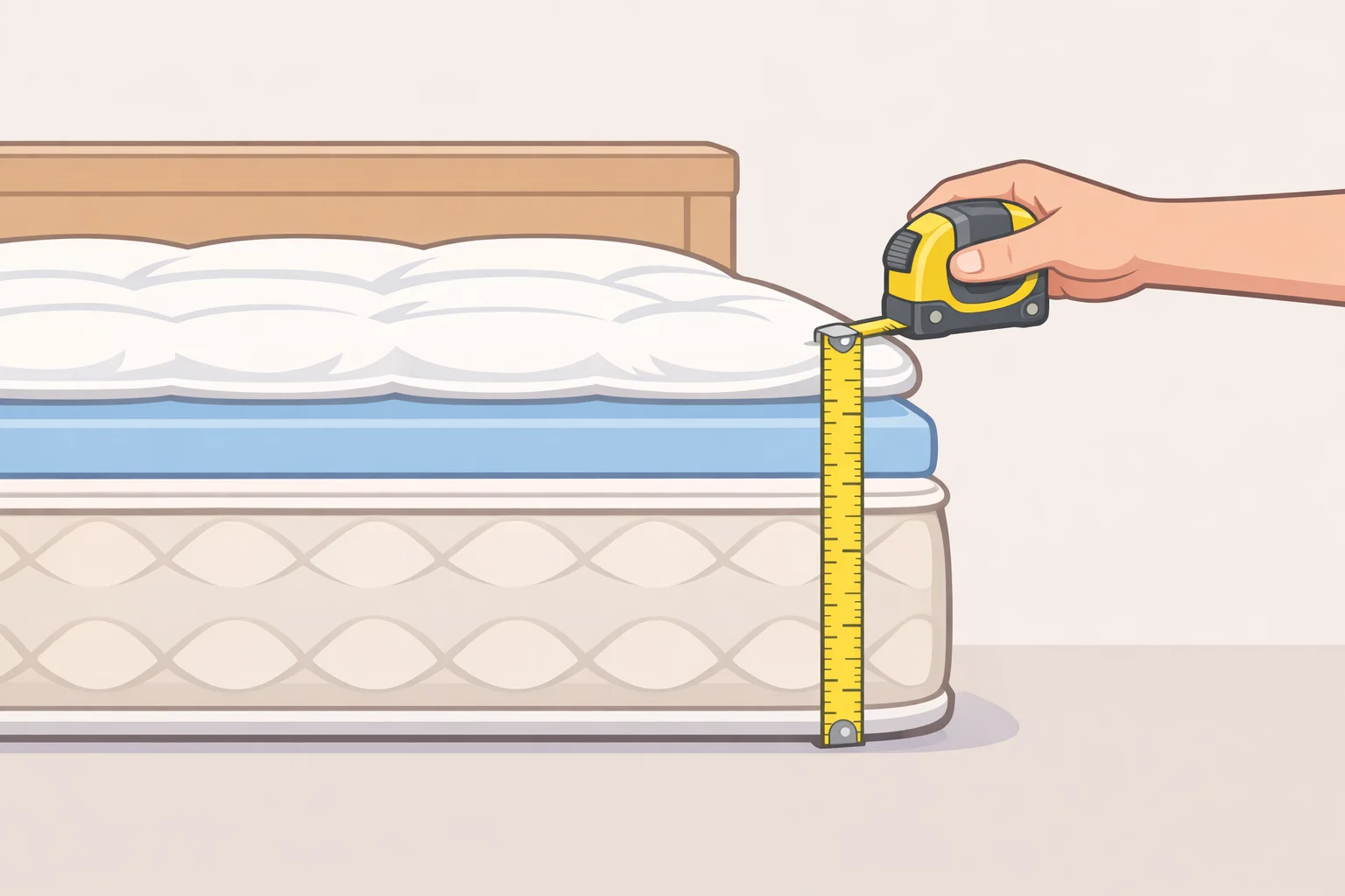 Illustration showing how to measure the actual mattress height at the base to the sleeping surface, including a built-in pillow top and adding a separately measured topper height to calculate pocket depth