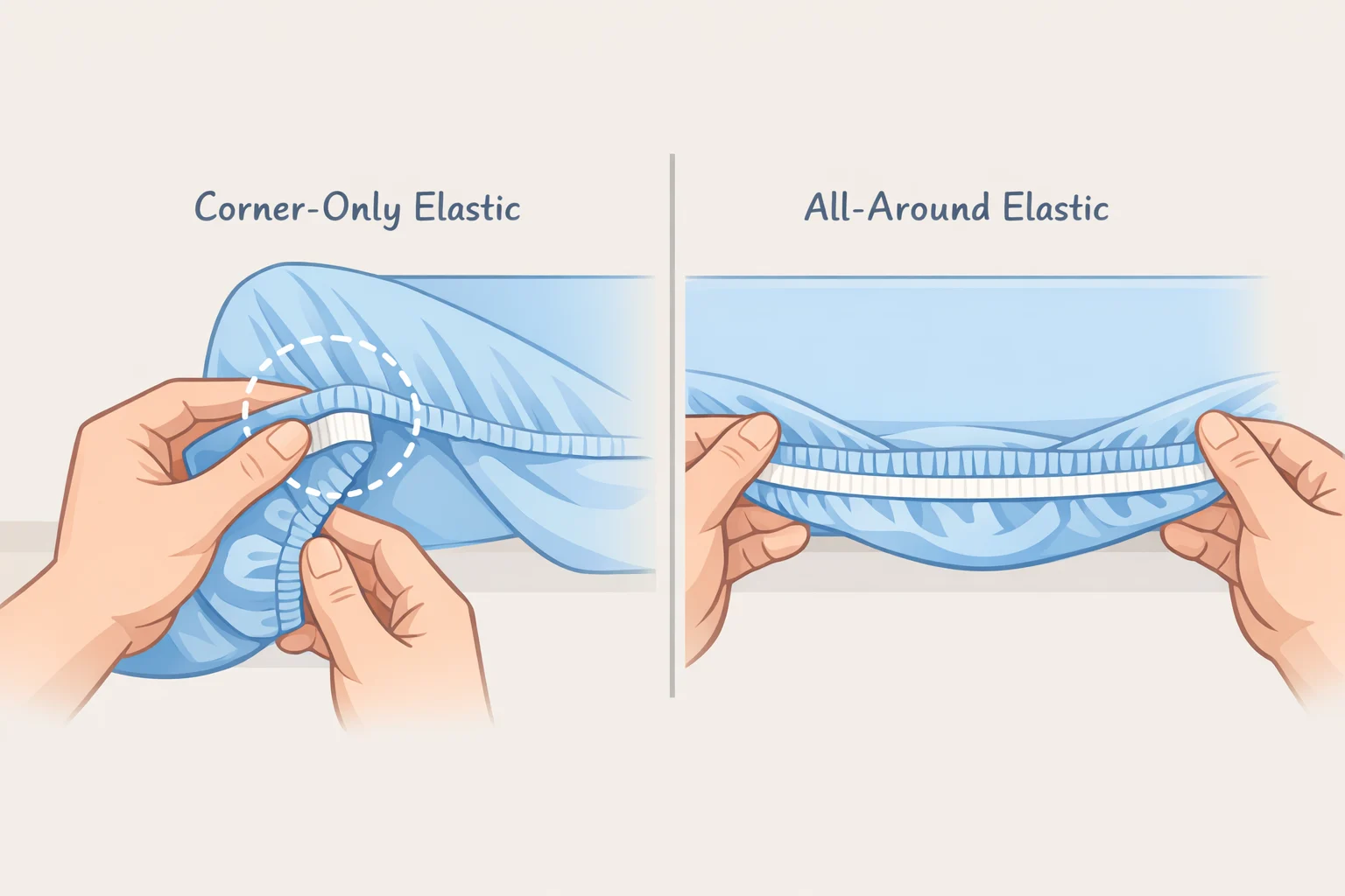 Illustration comparing corner-only elastic (four patches at the corners) versus all-around perimeter elastic on a fitted sheet, supporting how to keep fitted sheet from popping off bed
