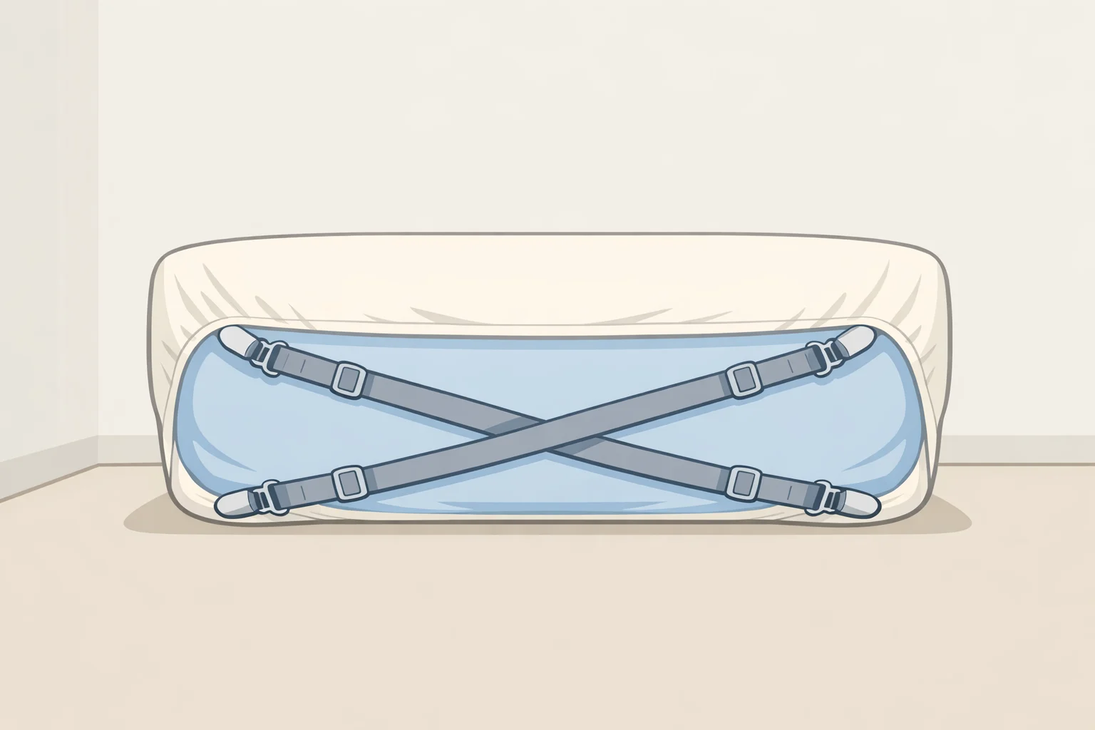 Illustration of sheet suspenders attached to the two foot corners underneath a fitted sheet, forming an X pattern beneath the mattress to prevent the sheet from sliding off during sleep