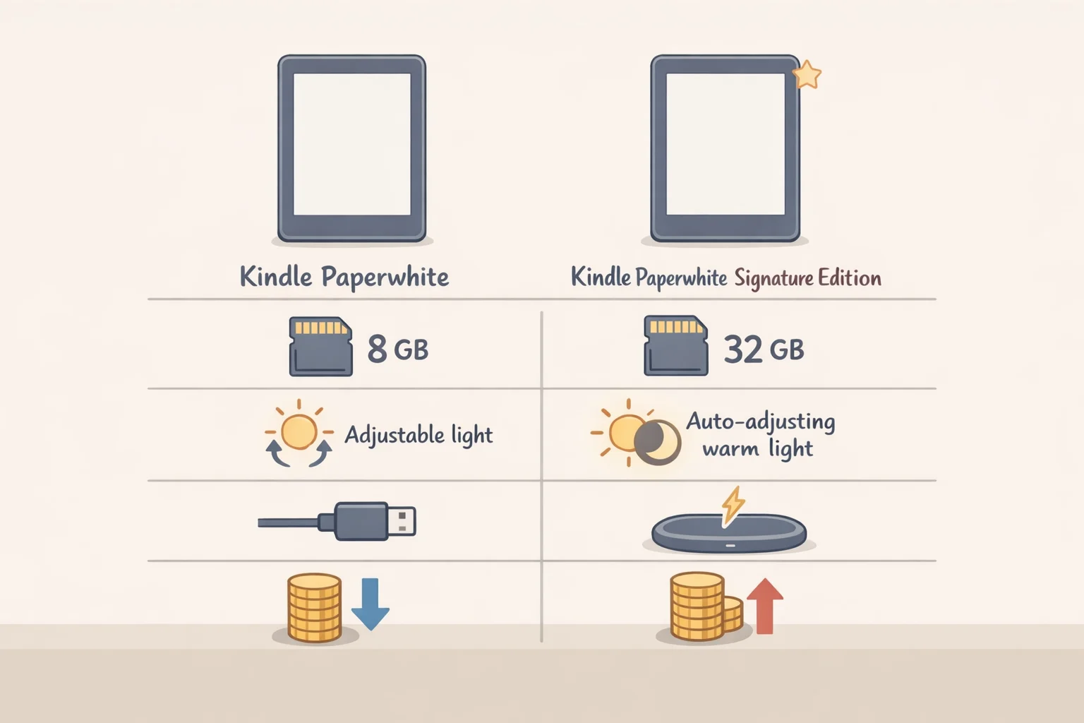 Side-by-side comparison of the Kindle Paperwhite standard and Paperwhite Signature Edition showing what an extra $20 buys, including storage, auto-adjusting front light, and wireless charging