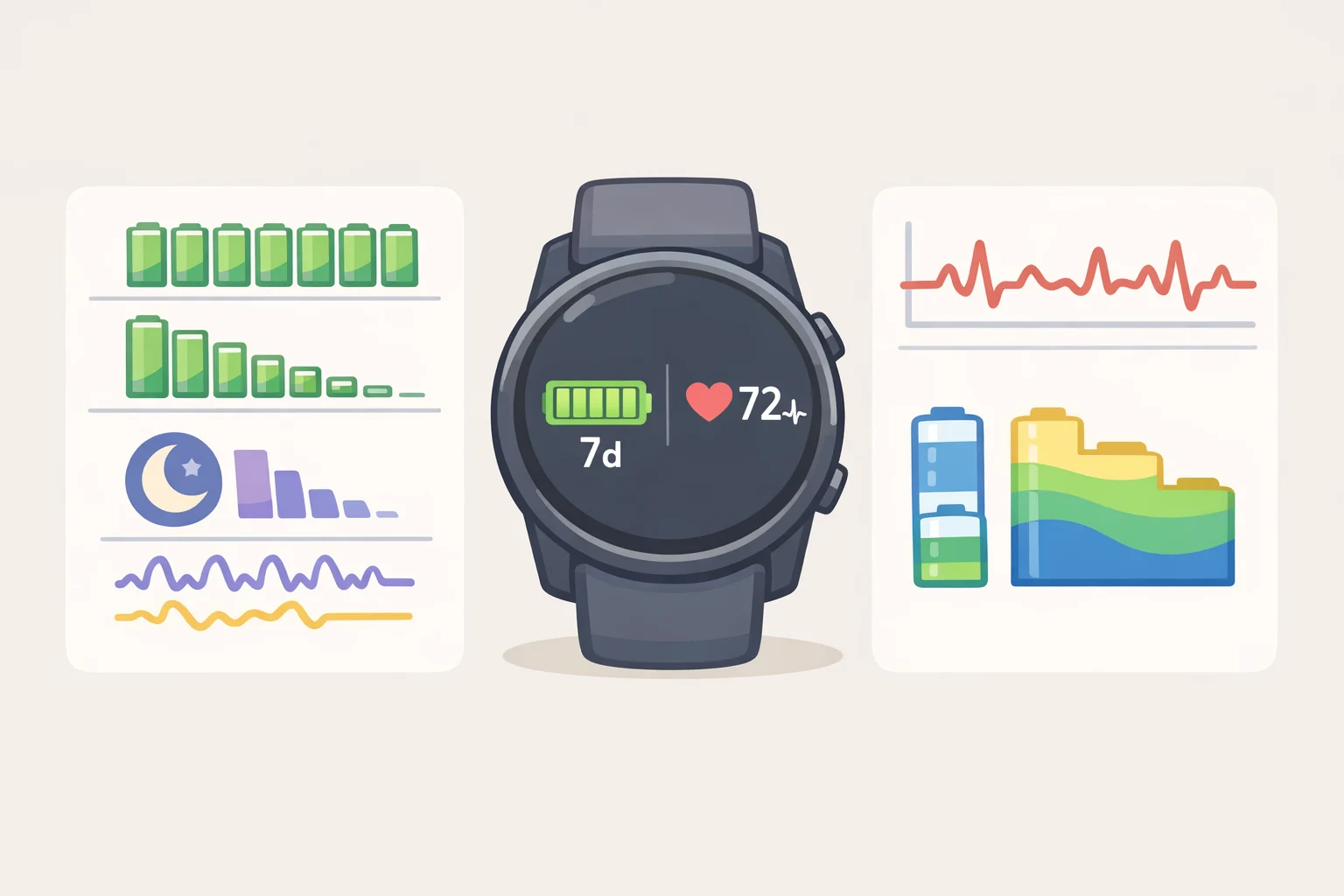Illustration comparing a band screen with continuous heart-rate and battery-life indicators to Garmin Connect charts for sleep-stage breakdowns and Body Battery scores