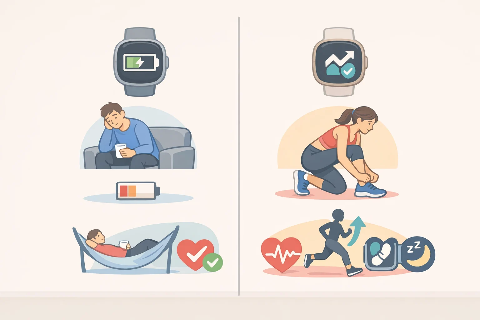 Side-by-side comparison graphic showing Garmin Connect metrics like Body Battery and training readiness versus Fitbit-focused integration messaging for mid-range wearable shoppers