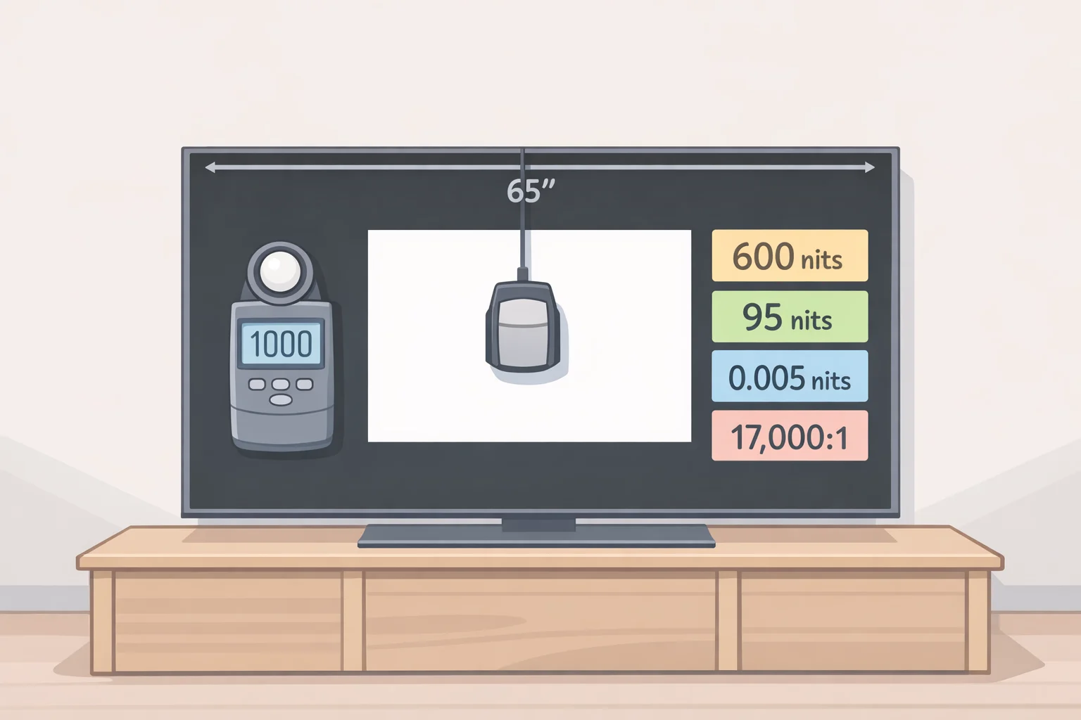 Illustration of a TV calibration test scene with HDR window highlights measuring the standard 65-inch LG Evo C6 brightness