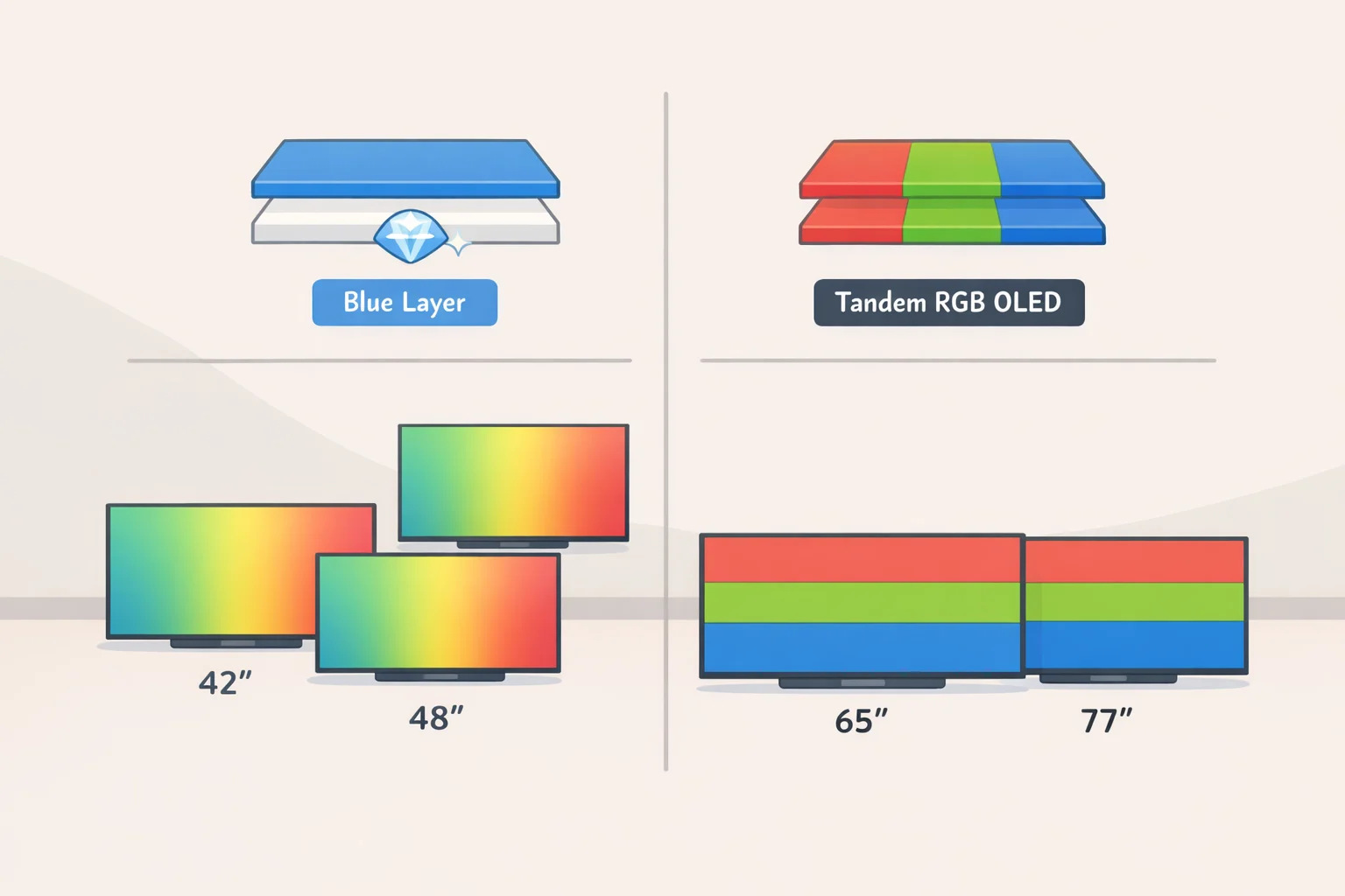 Diagram comparing LG Evo C6 panel types: OLED EX in 42–65-inch models and Primary RGB Tandem OLED in 77–83-inch C6H models (LG Evo C6 review)