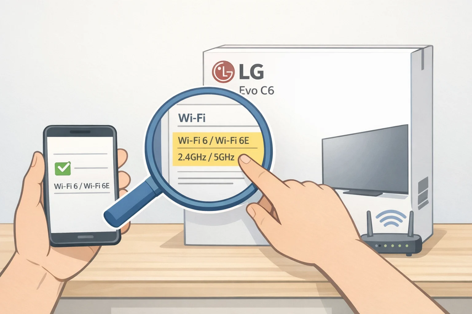 Illustration of a TV setup screen prompting users to confirm Wi‑Fi capability (Wi‑Fi 5 vs Wi‑Fi 6E) before configuring the LG Evo C6