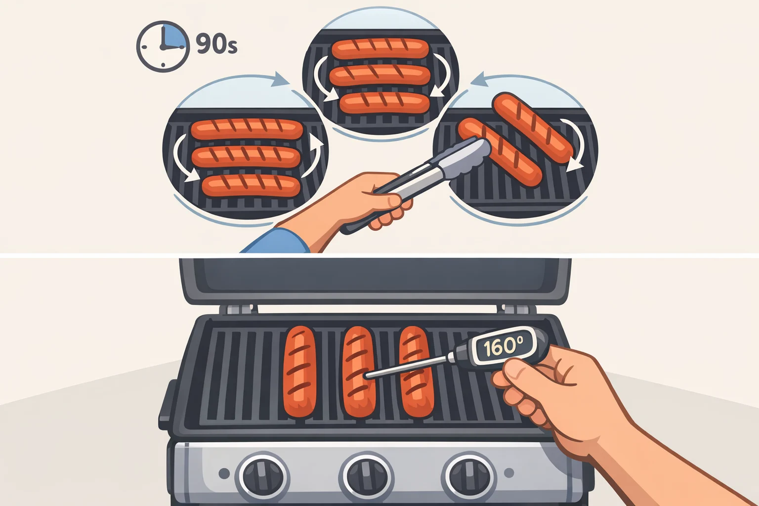 Diagram of rotating hot dogs 90° every 90 seconds and inserting a thermometer probe lengthwise into the thickest part to hit 160°Fpart of how to grill hot dogs correctly