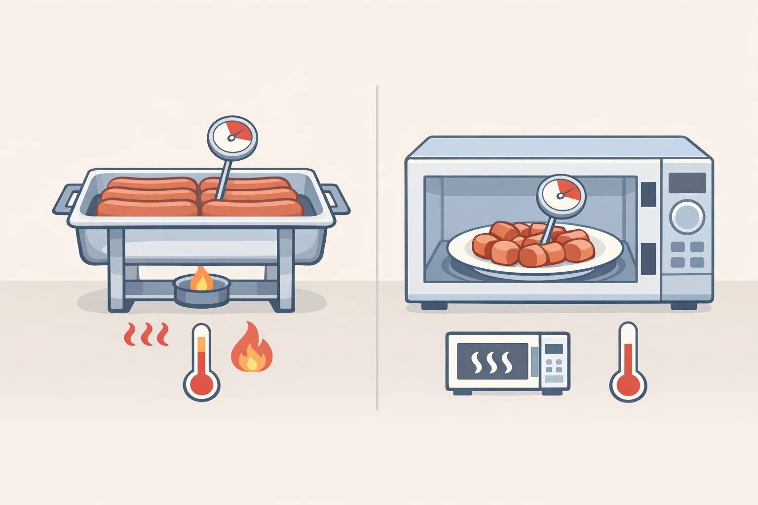 Illustration of serving hot dogs promptly, storing leftovers in the refrigerator, holding hot dogs above 140°F on a warmed tray, and reheating leftovers to 165°F
