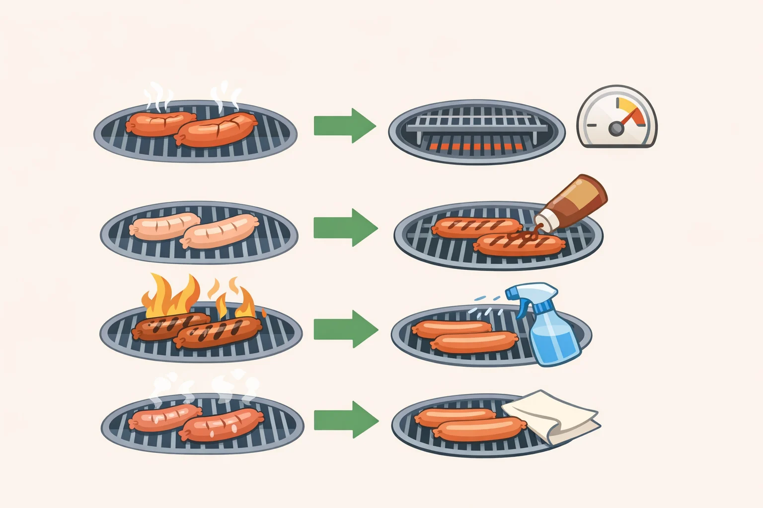 Troubleshooting illustration linking casing splitting, pale color, uneven browning, and undercooking to the correct adjustments like verifying grate temperature and checking thermometer calibration