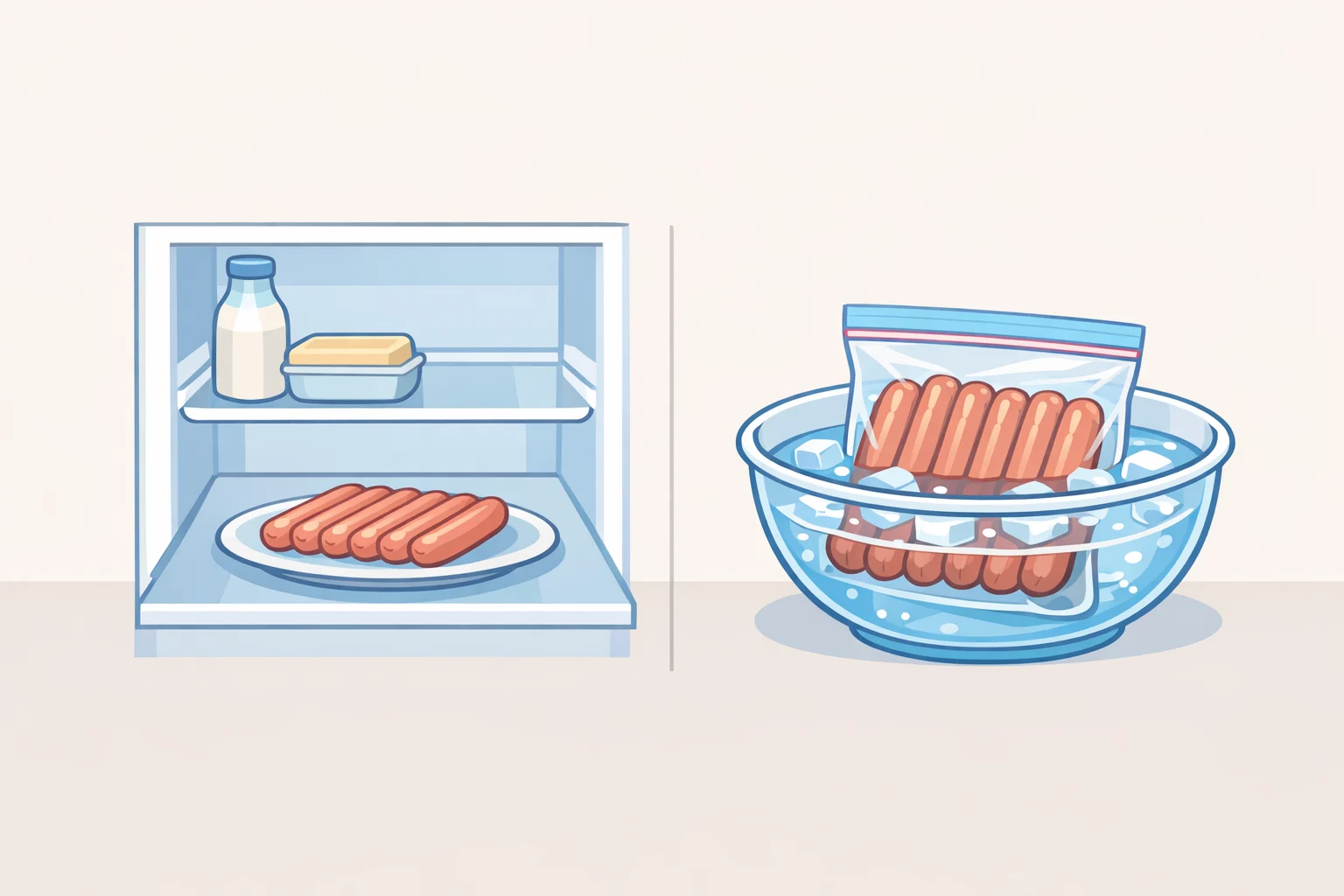 Illustration of how to thaw hot dogs safelyrefrigerator thawing overnight or a sealed bag submerged in cold water at 40°F or below before grilling