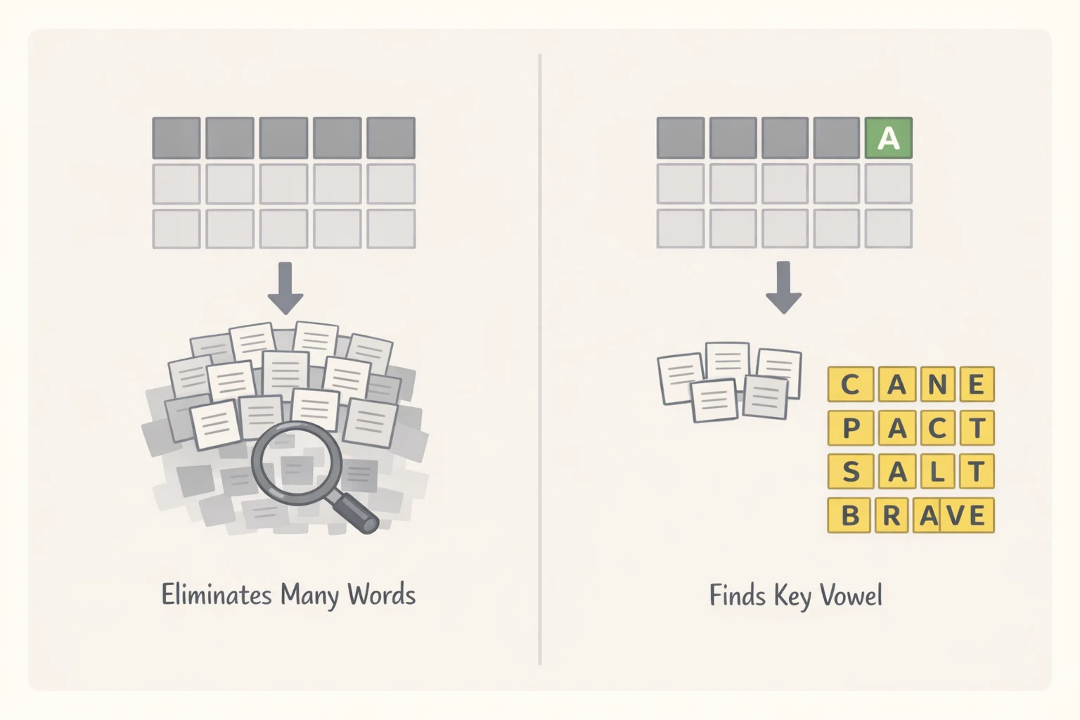 Side-by-side mock Wordle boards comparing ADIEU vs SLATE after guess one, emphasizing how an all-gray result eliminates many candidate letters even when early greens are absent