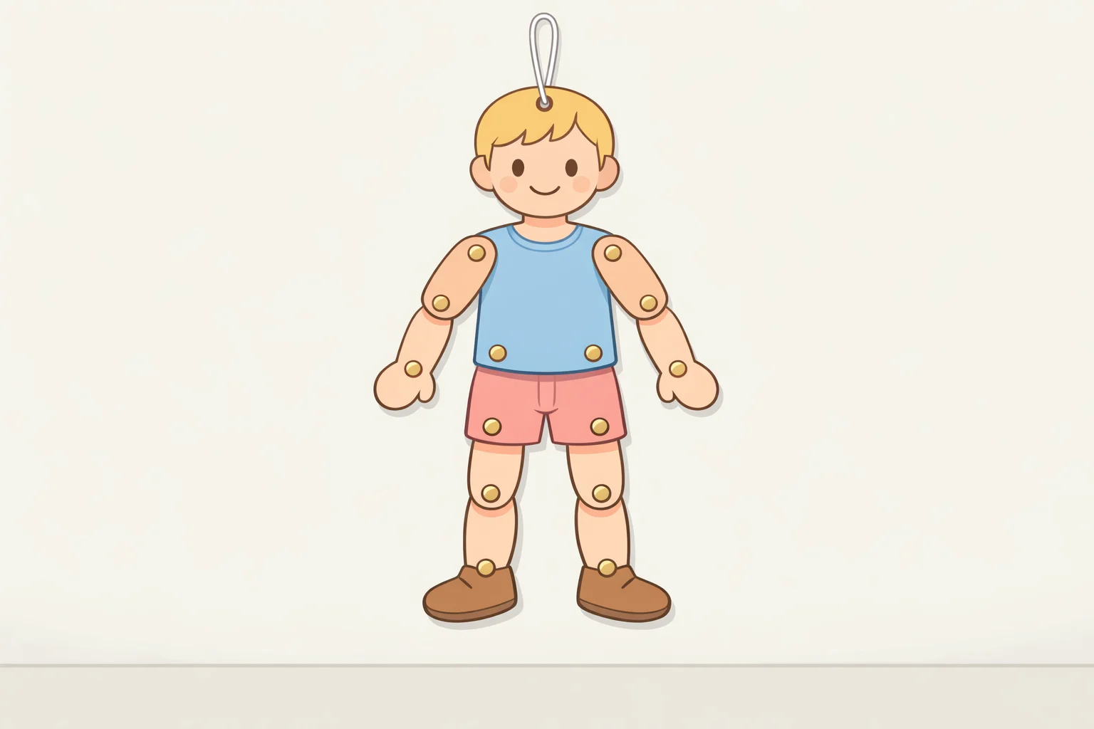 Illustration of an articulated paper doll with hole-punched joints, spacer paper tubes at the head and torso, and a string loop at the top of the head—demonstrating how to display paper dolls by hanging them flat with slight limb movement