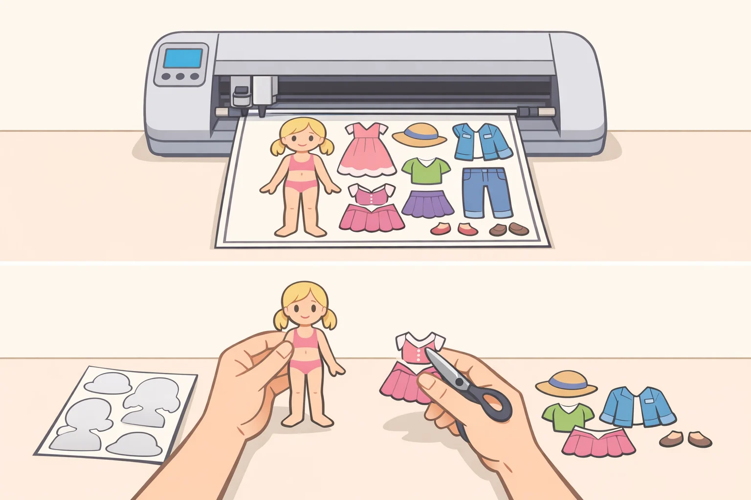 Illustration of an inkjet-printed printable magnetic sheet loaded into an electronic cutting machine, with the machine cutting out separate magnetic doll and clothing pieces