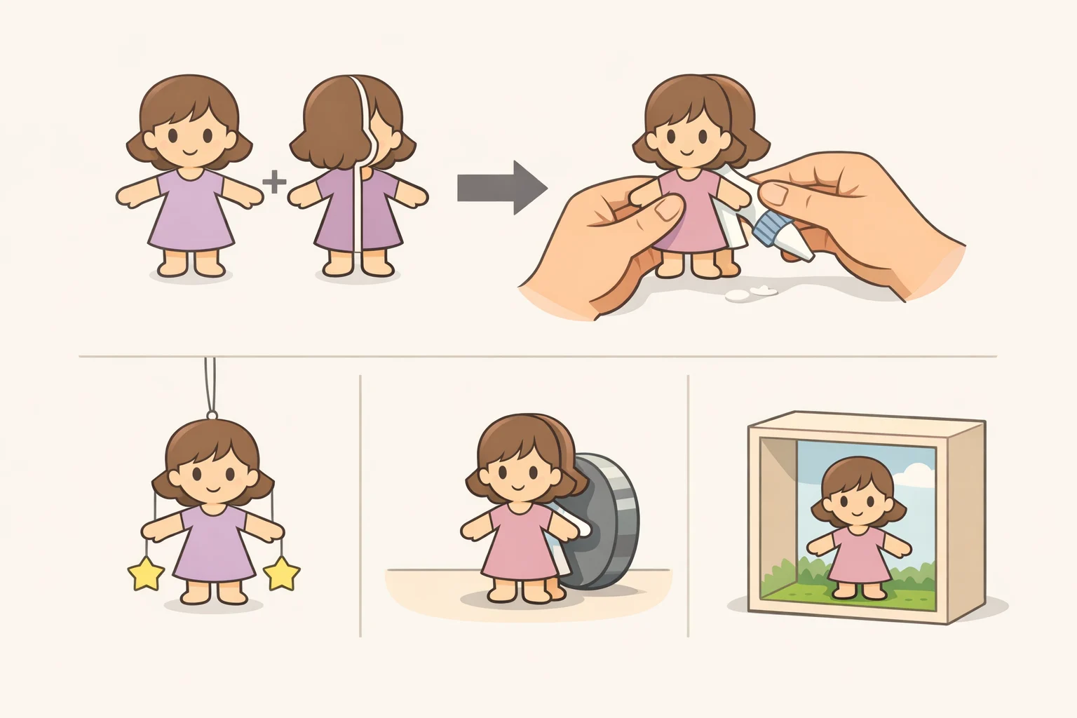 Illustration of two identical paper doll figures aligned and glued back-to-back to add rigidity, supporting multiple display methods including hanging joints, magnetic layering, and a posed shadow box doll
