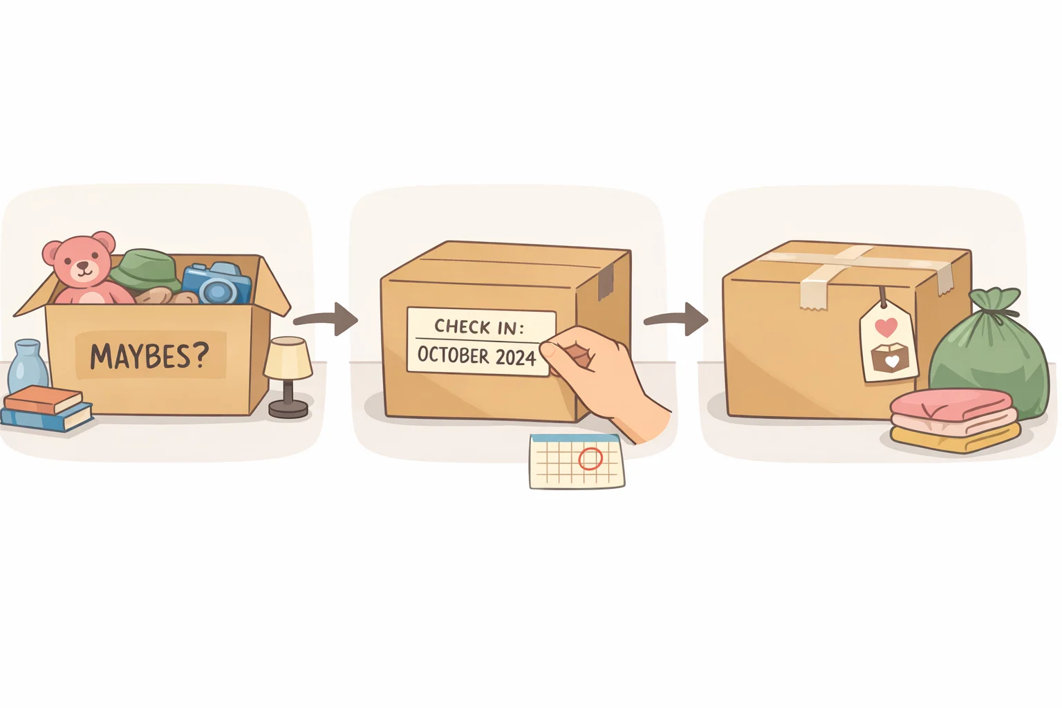 Illustration of a storage box labeled 'Maybes - donate on [date]' with a calendar reminder, representing the process of sealing undecided household items until the six-month mark