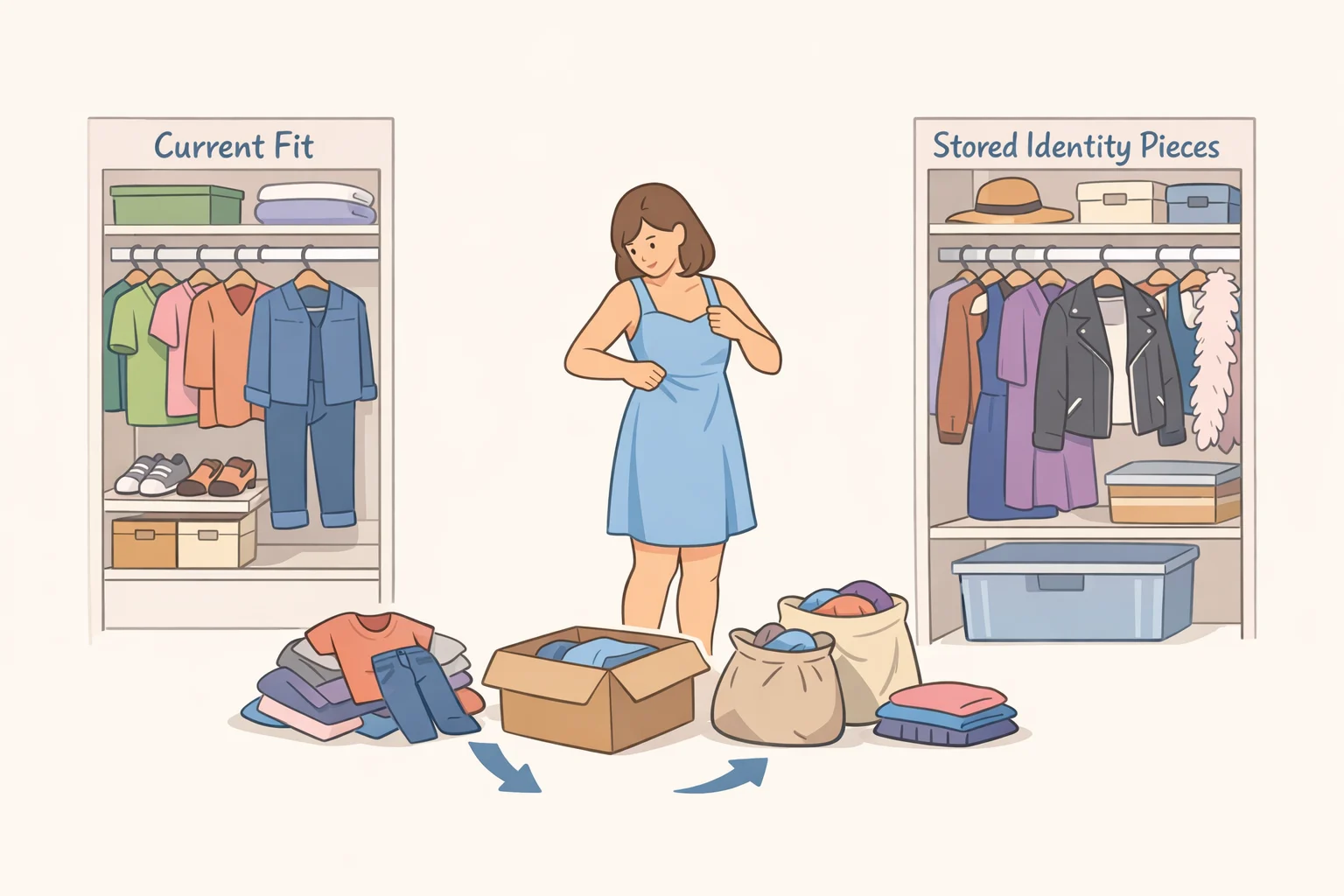 Illustration of a bedroom closet where items are separated into two sections labeled 'fits my current life' and 'let it go,' showing a person holding a garment after checking its fit