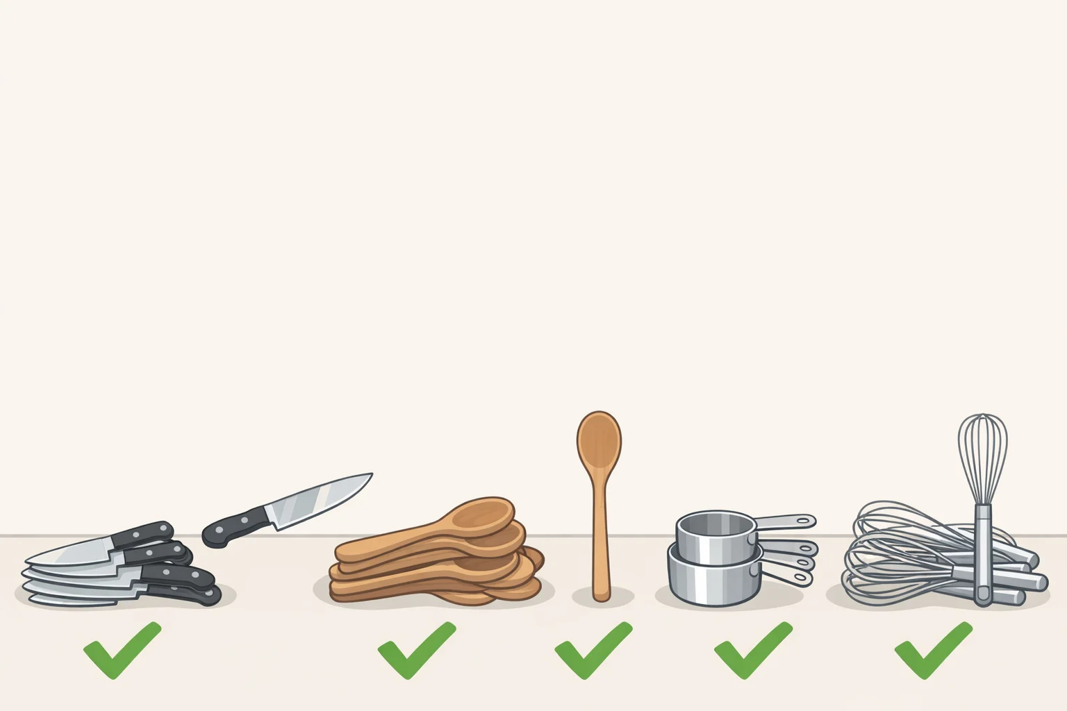Illustration of duplicate kitchen utensils laid out in one visible pile with organizers selecting a single best spatula and setting the unused ones aside, helping you decide what household items to get rid of