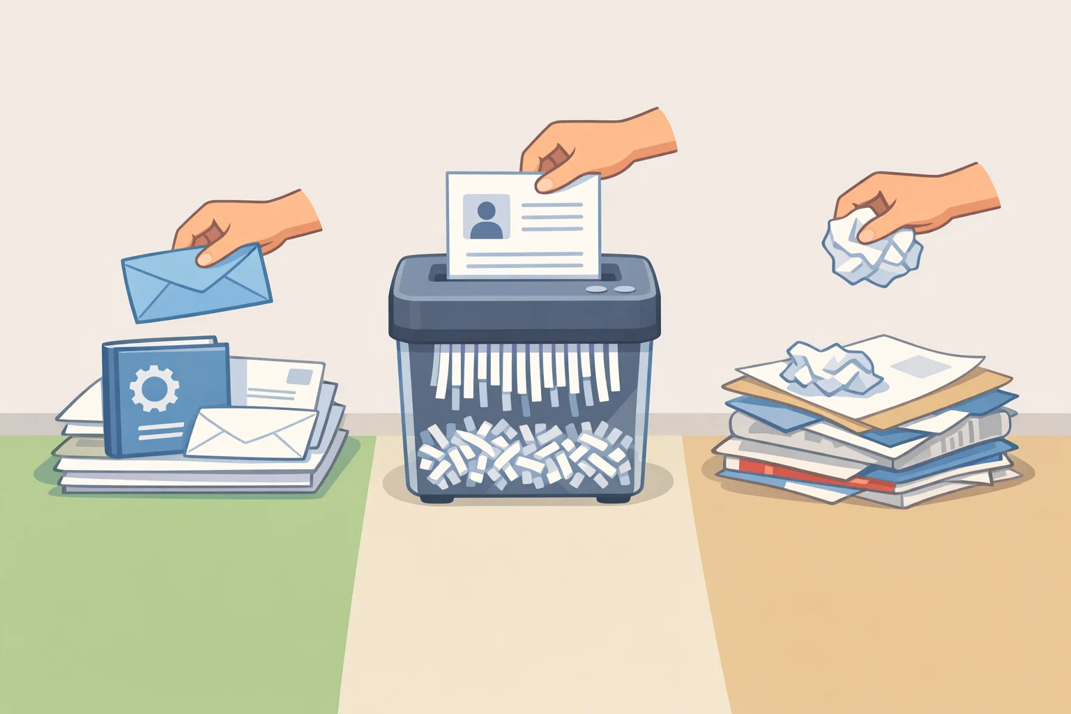 Illustration of a table with stacks of mail, old manuals, and documents being sorted into 'keep,' 'shred,' and 'discard' bins for quick paper decluttering