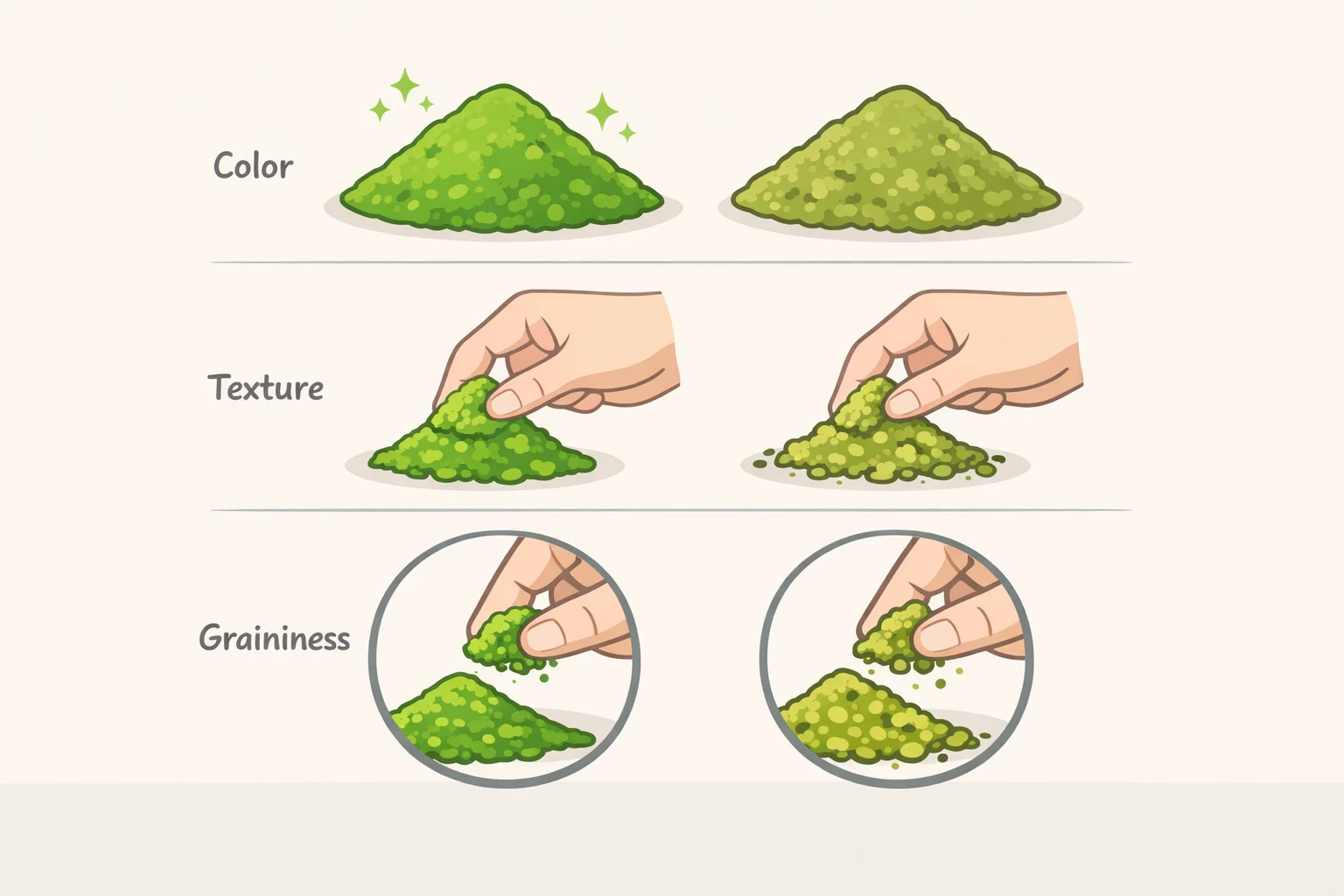 Close-up illustration showing vivid deeply green matcha powder versus dull yellowish or clumpy matcha, with a fine silky texture compared to grainier powder