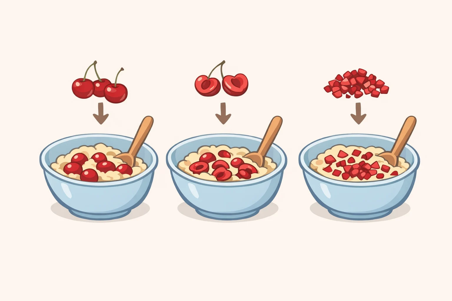 Photo-style diagram comparing dried cherries, freeze-dried cherries, and fresh or jammy cherries folded into a cherry matcha cookies recipe dough at the last step
