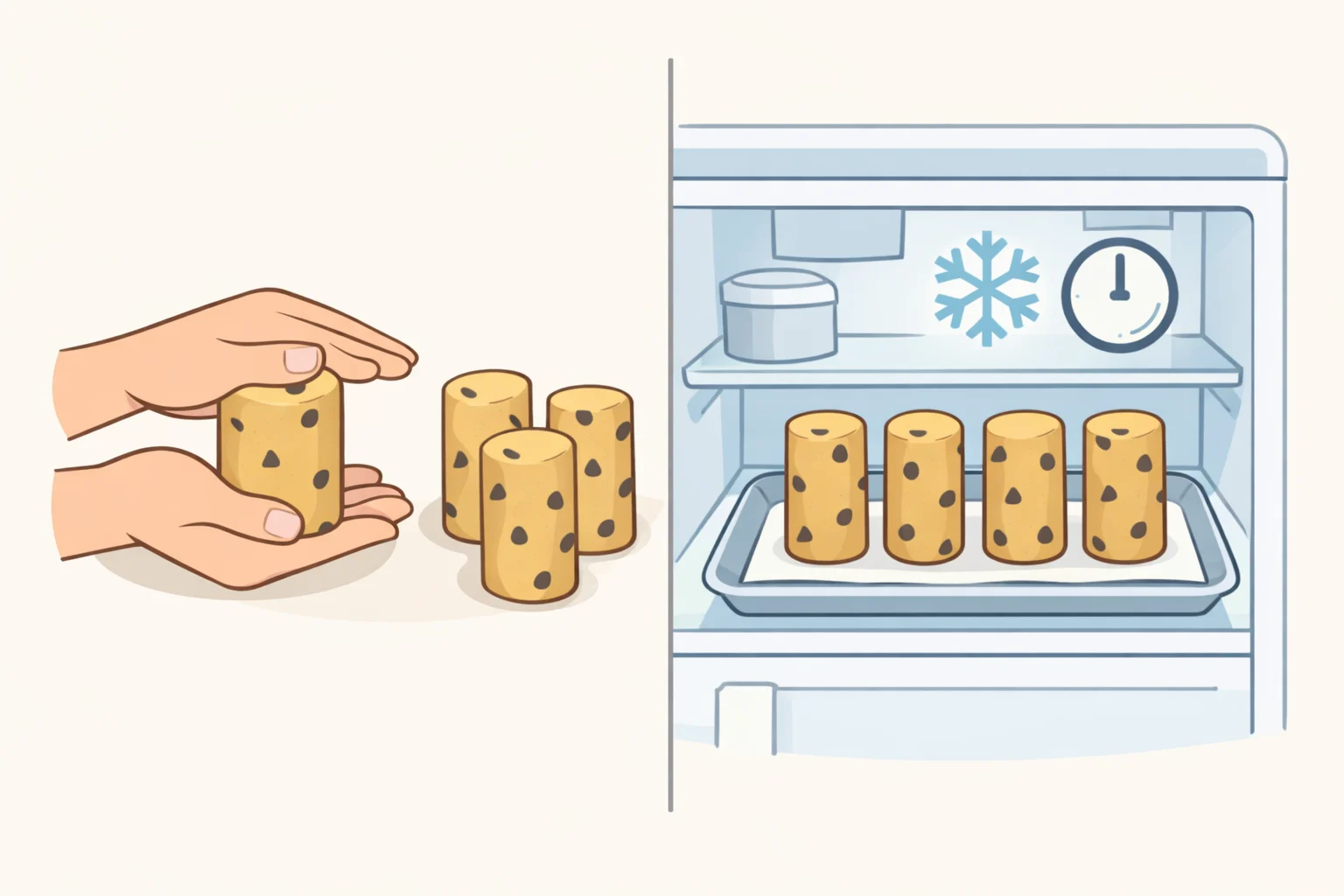 Illustration of cookie dough portioned into 6 tall upright cylinders with the correct spacing on a parchment-lined tray, then pressed and chilled until rock solid
