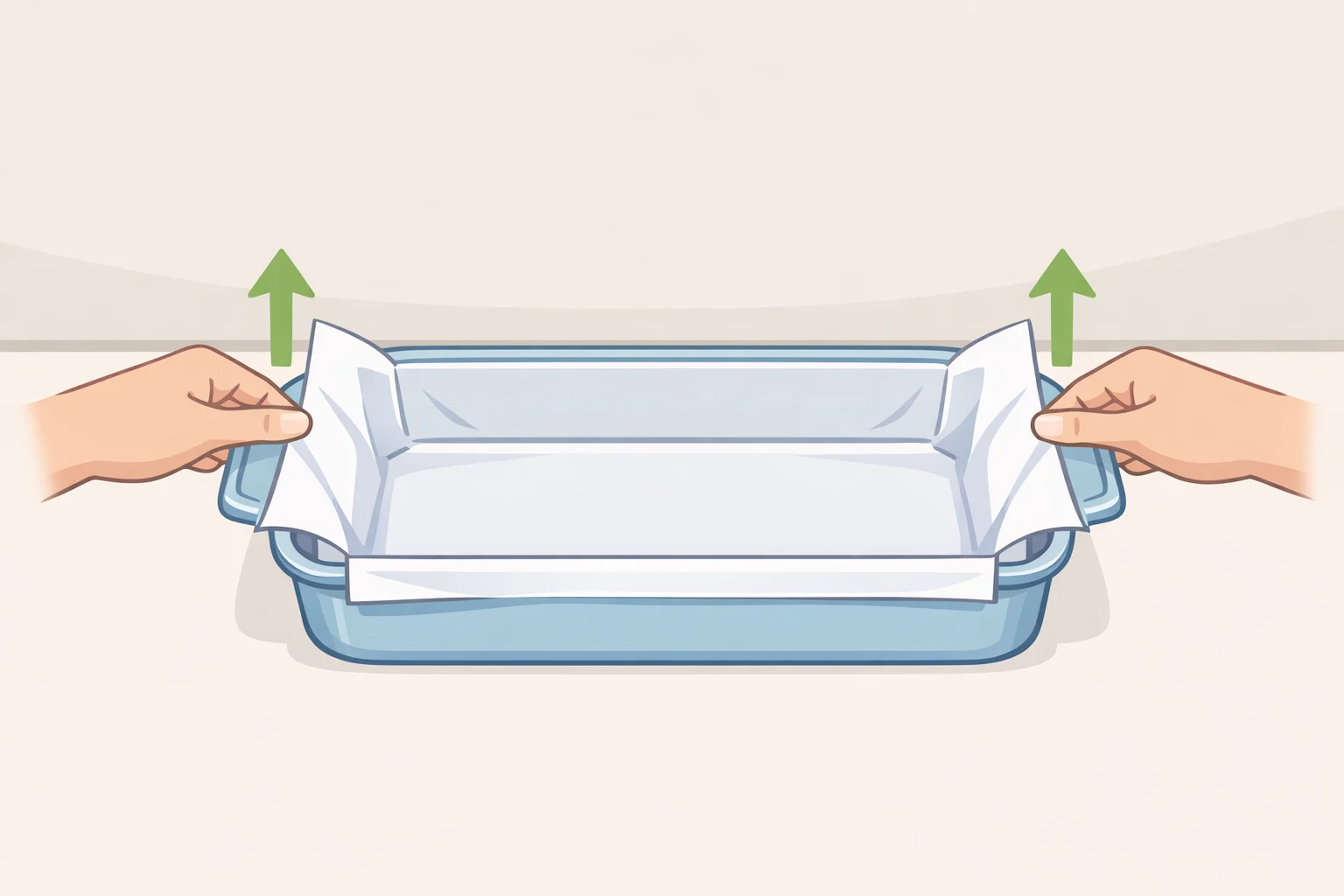 Parchment-lined 9x13 pan with overhang on two sides ready to lift Golden Grahams s'mores bars out cleanly