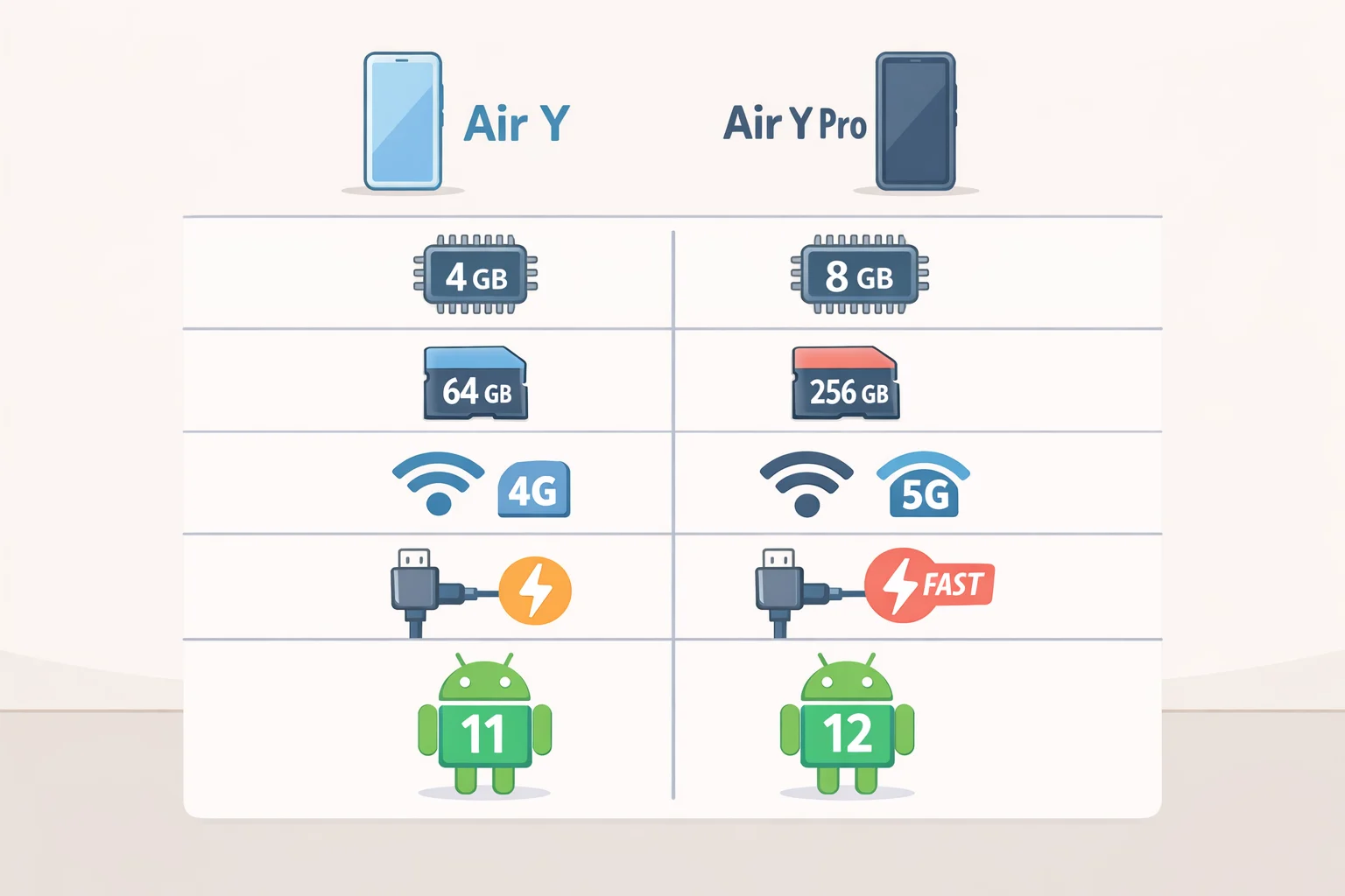 Comparison graphic of MANGMI Air Y specs vs Air Y Pro specs showing 3GB RAM/32GB eMMC vs 4-8GB RAM and UFS storage, Wi‑Fi 5 vs Wi‑Fi 6, and charging wattage differences
