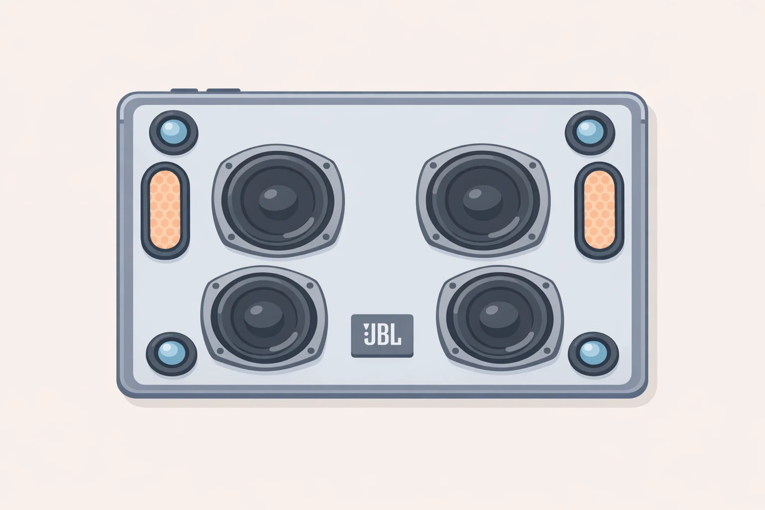 Diagram of the Moto Pad 70 Groove speaker system showing four tweeters, three woofers, and two passive radiators in a 43cc acoustic chamber