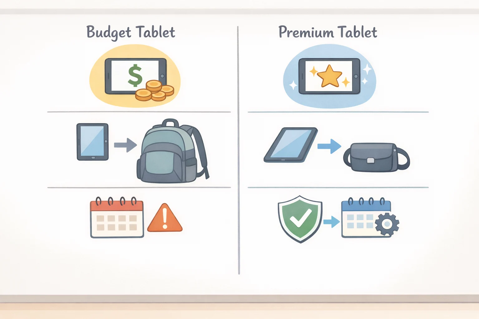 Comparison graphic weighing Moto Pad 70 Groove pricing versus typical mainstream tablets on portability and long-term software update value