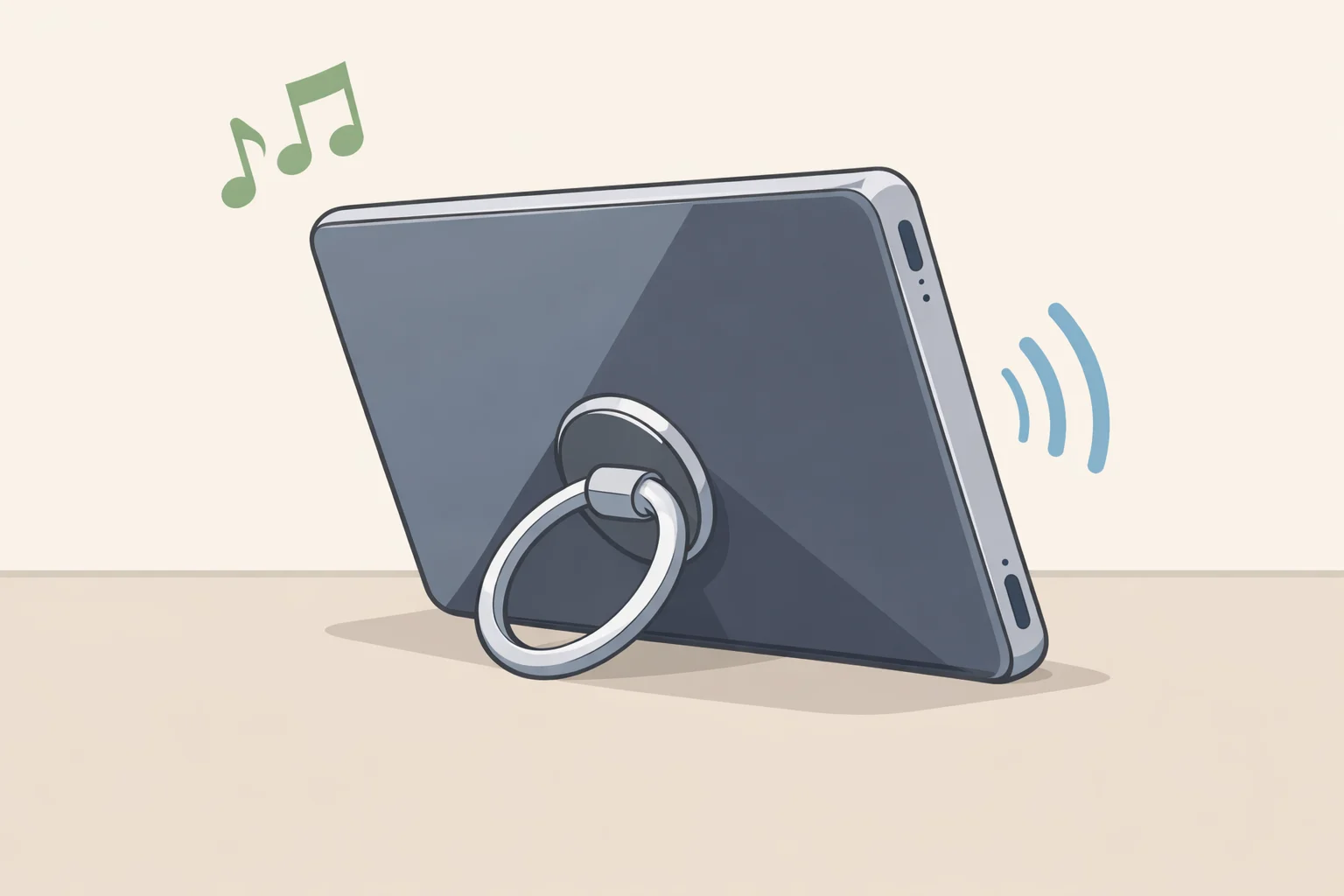 Photo-style render of the Moto Pad 70 Groove tablet propped up with the rear fold-out ring while the volume buttons are accessible on the back panel